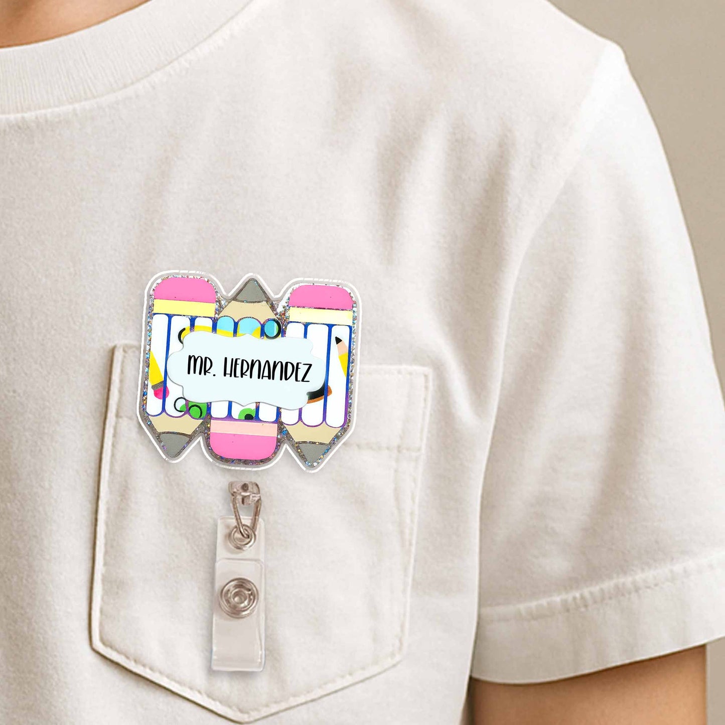 Personalized Teacher Badge Reel With Essential Stationery Design