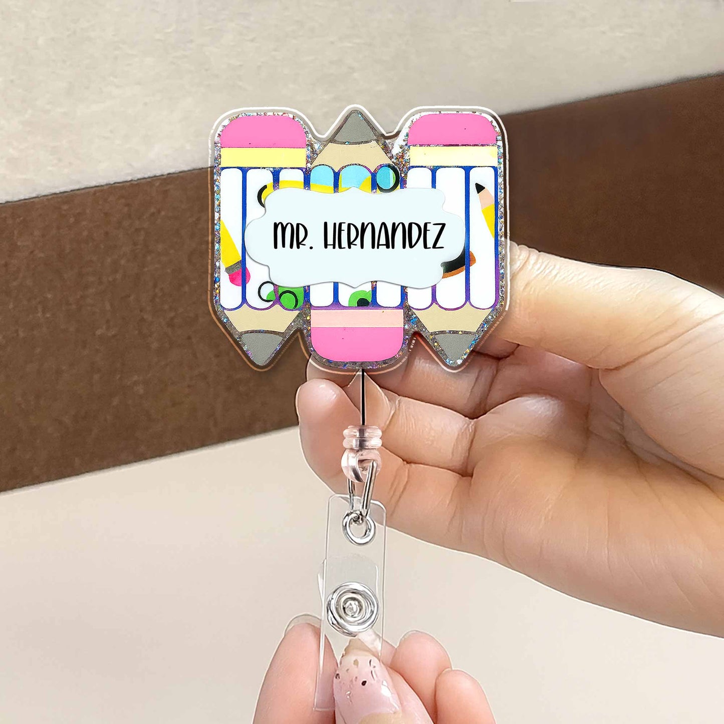 Personalized Teacher Badge Reel With Essential Stationery Design