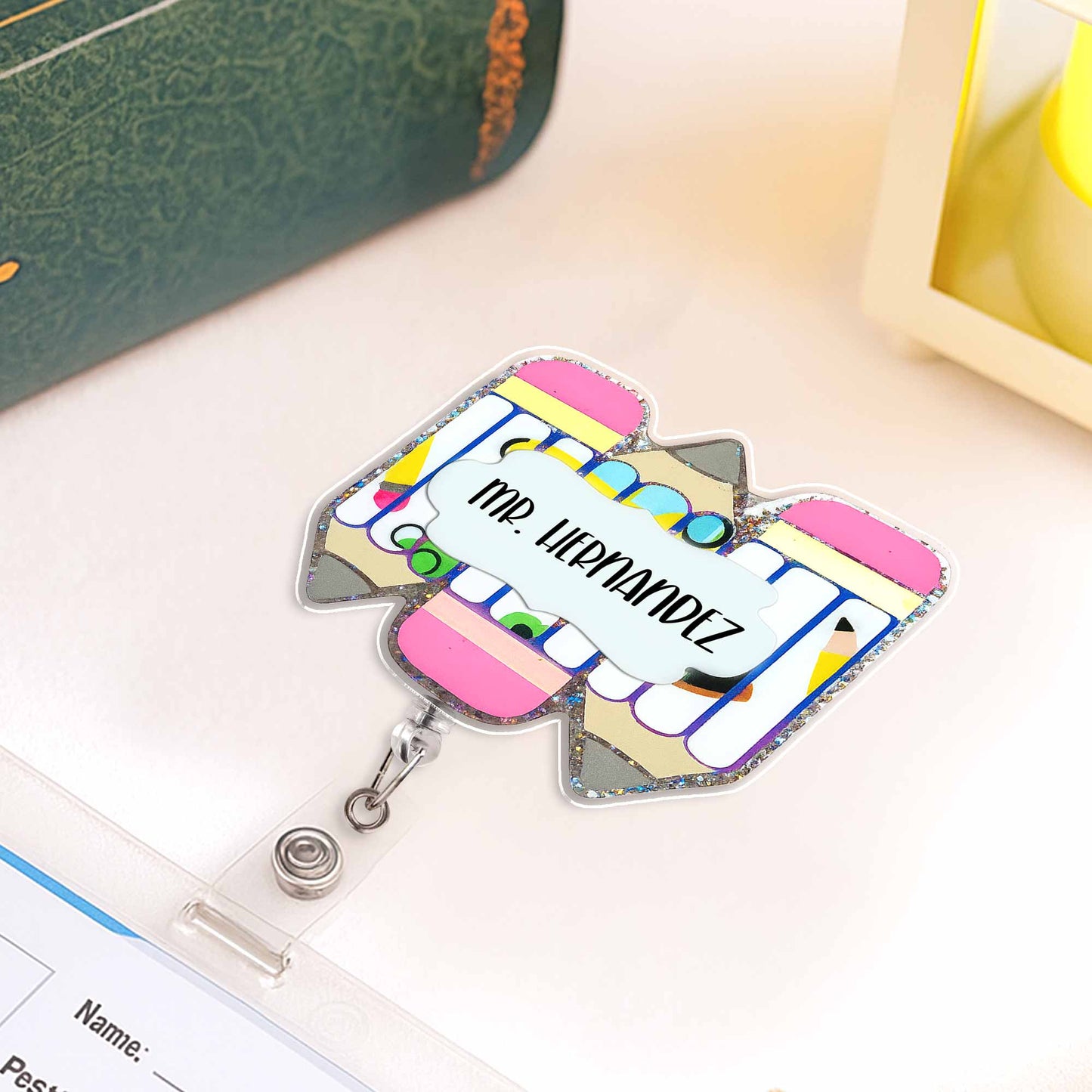 Personalized Teacher Badge Reel With Essential Stationery Design
