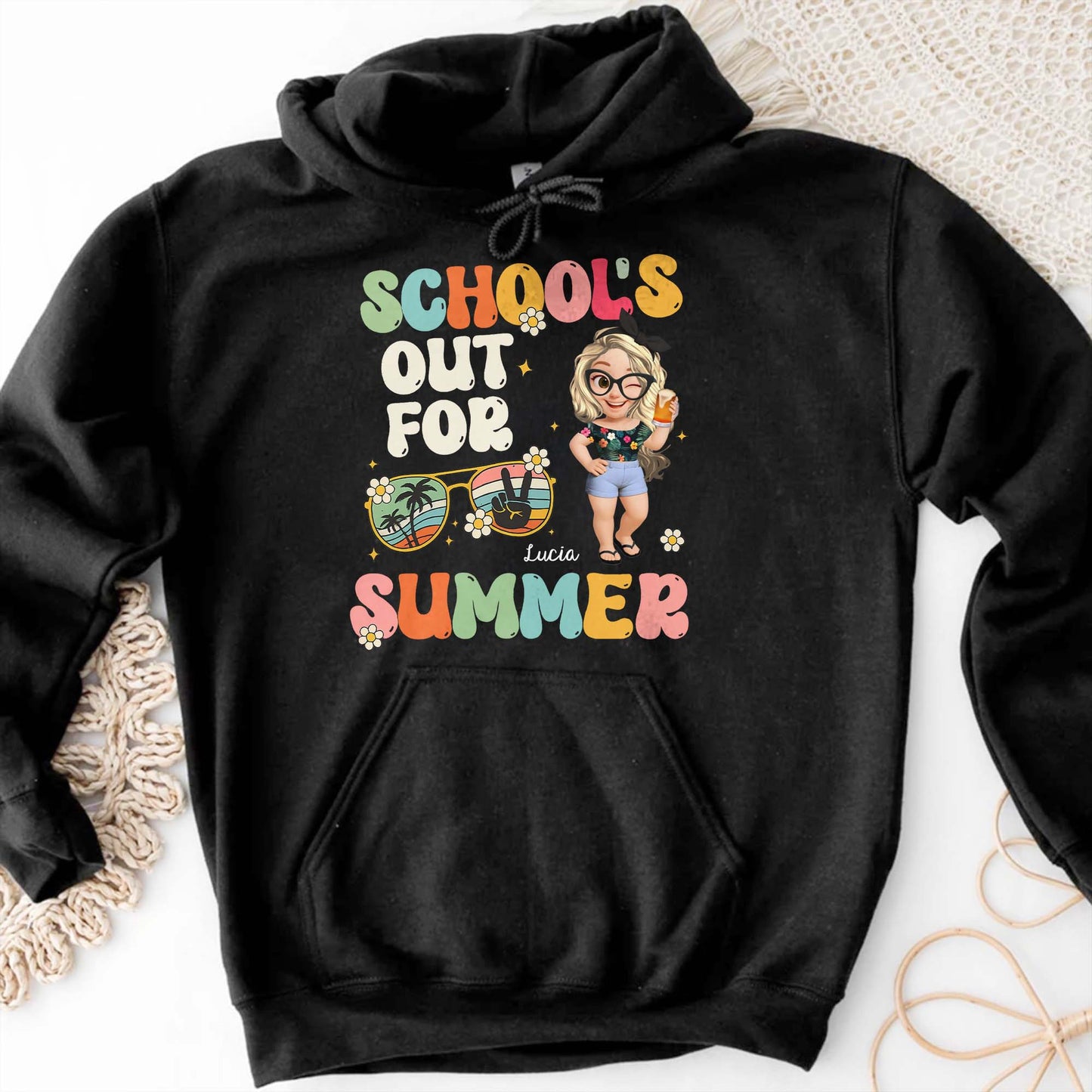 School's Out For Summer With Cartoon and Palm Trees