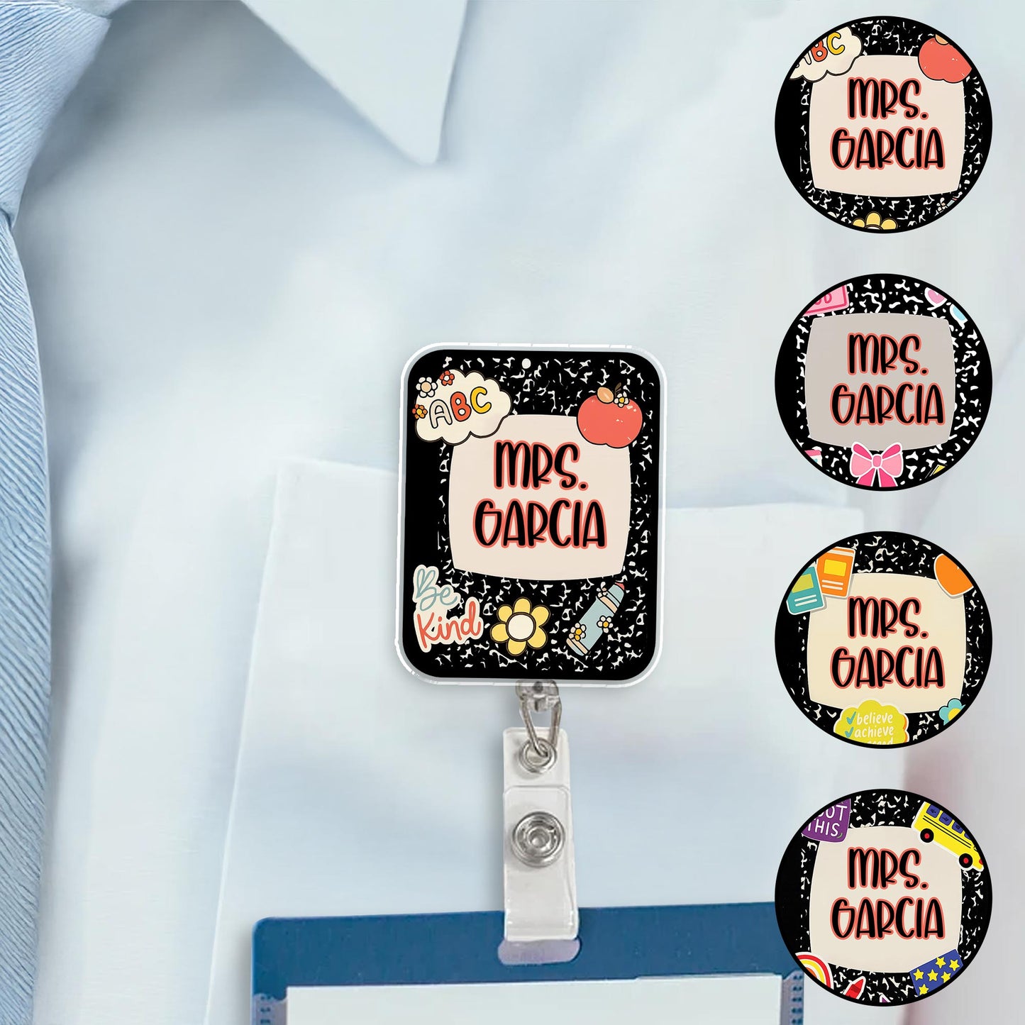 Customize With Your Own Special Message Decorated With Hearts And Flowers - Custom Acrylic Badge Reel - TEACH012_AREEL