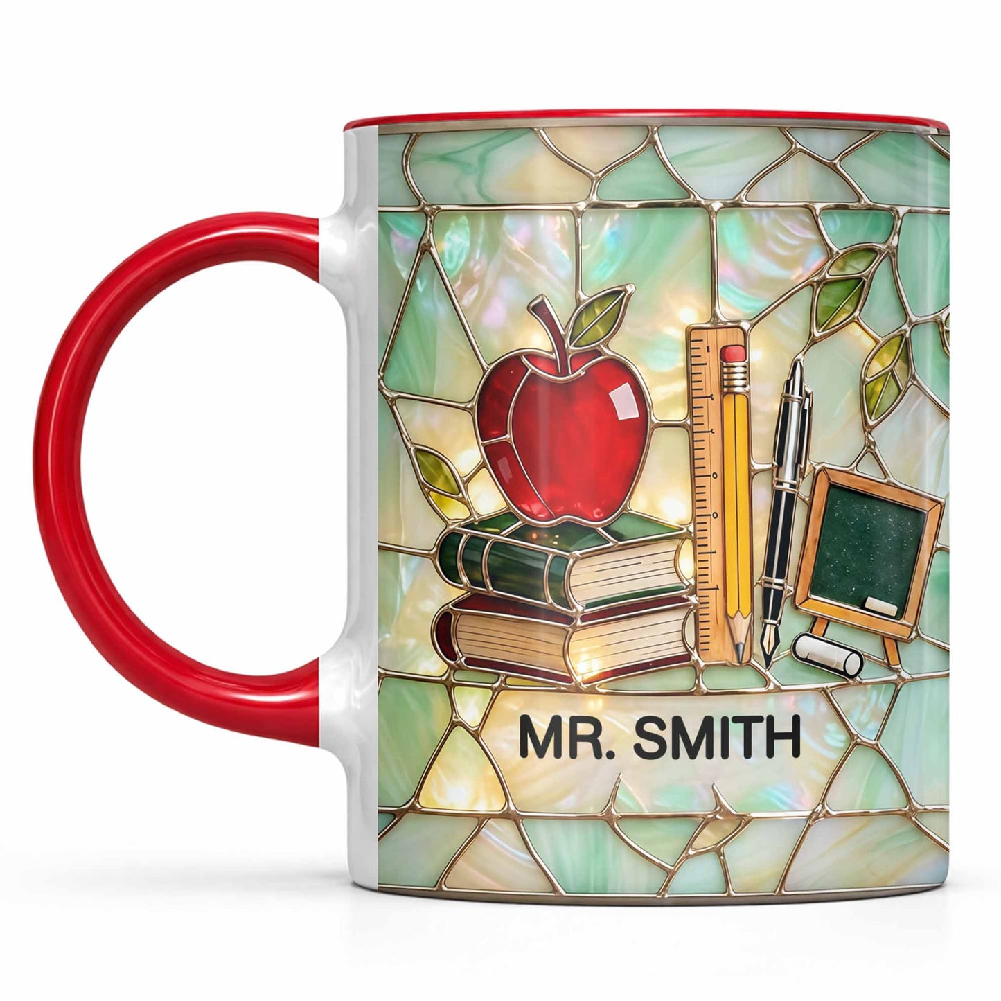 An Apple For The Teacher Stained Glass Design With Books And Ruler - Personalized Custom Accent Mug - TEACH071_AMUG