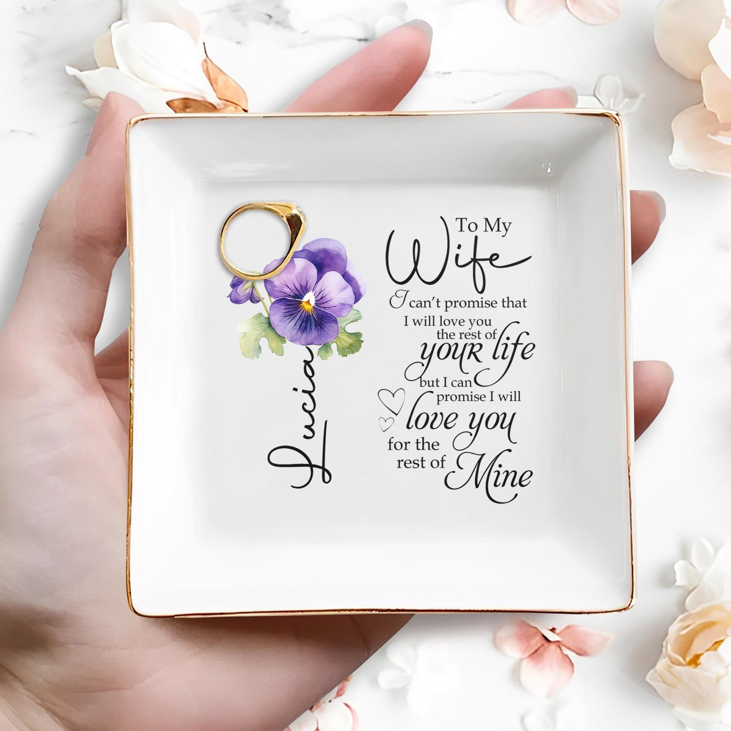 Promesse d'amour à ma femme avec fleur de pensée - Coupelle à bijoux personnalisée - WIF010_SCRD