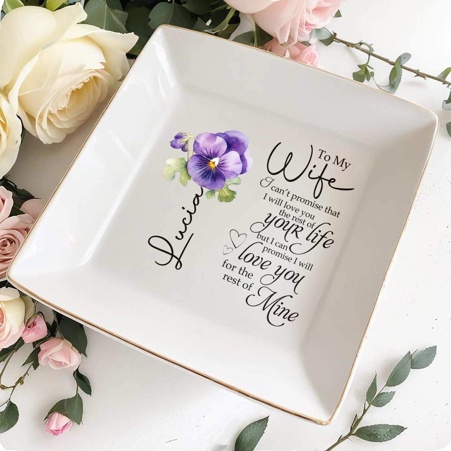 Promesse d'amour à ma femme avec fleur de pensée - Coupelle à bijoux personnalisée - WIF010_SCRD