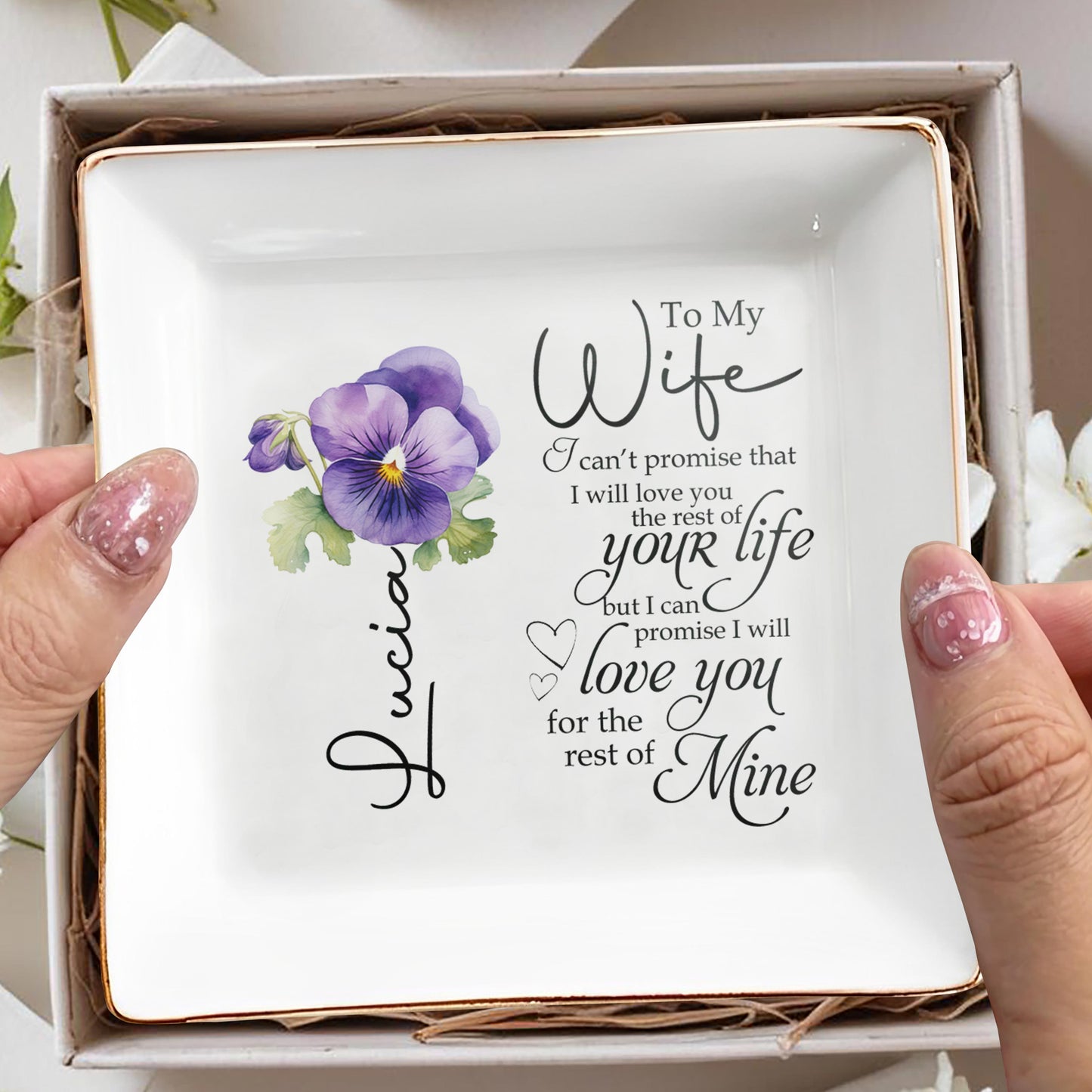 Promesse d'amour à ma femme avec fleur de pensée - Coupelle à bijoux personnalisée - WIF010_SCRD