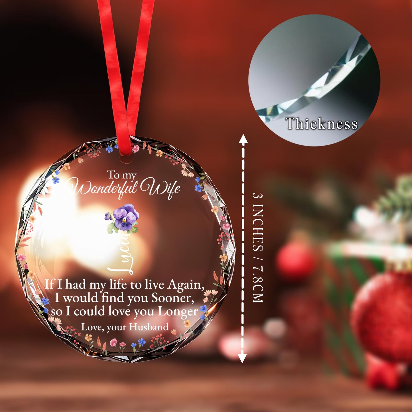 Love You Longer Romantic Flower Circle Glass Ornament