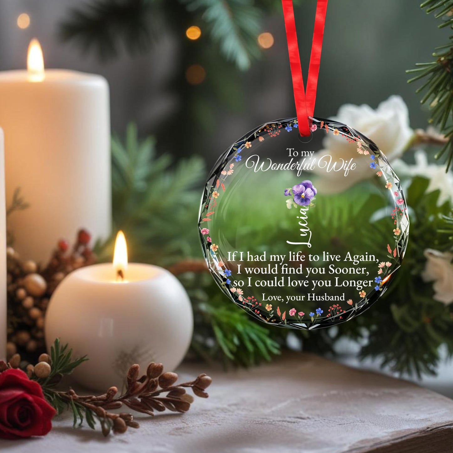 Love You Longer Romantic Flower Circle Glass Ornament