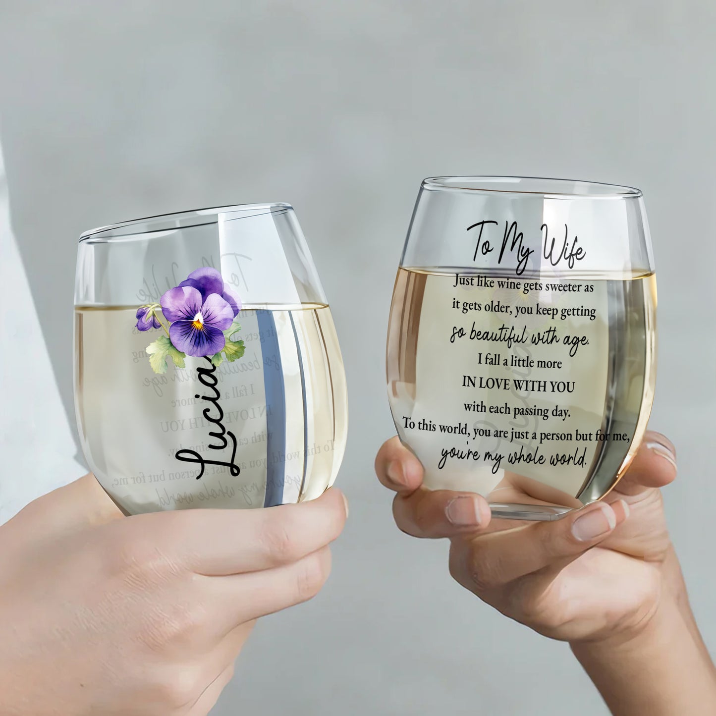 Love With Age Wine Glass Featuring Flowers and Sweet Message - Personalized Stemless Wine Glass - WIF042_WIGL