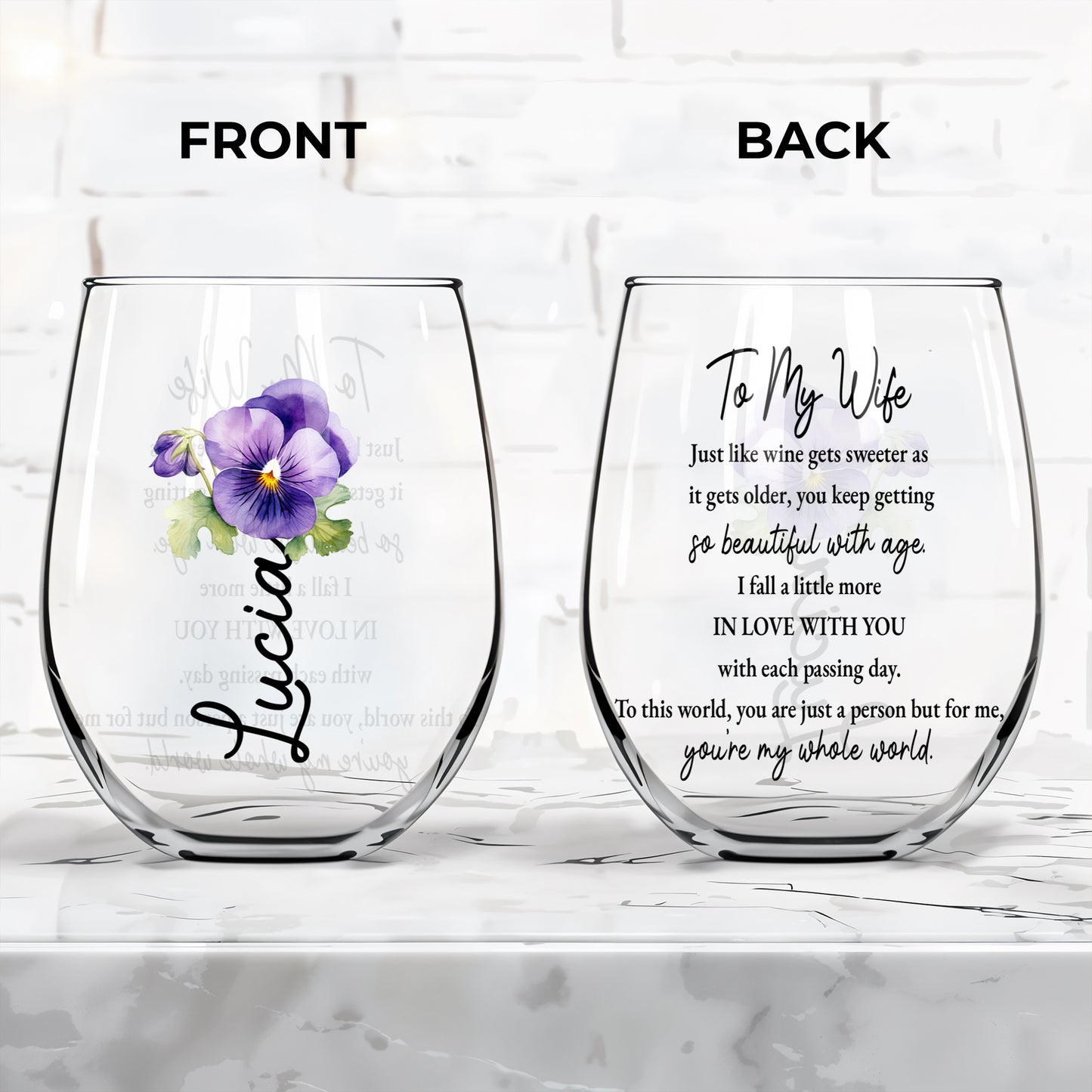 Love With Age Wine Glass Featuring Flowers and Sweet Message - Personalized Stemless Wine Glass - WIF042_WIGL