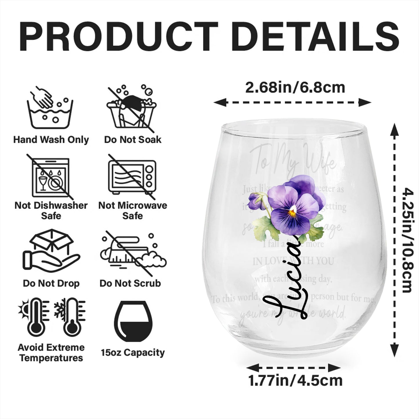 Love With Age Wine Glass Featuring Flowers and Sweet Message - Personalized Stemless Wine Glass - WIF042_WIGL