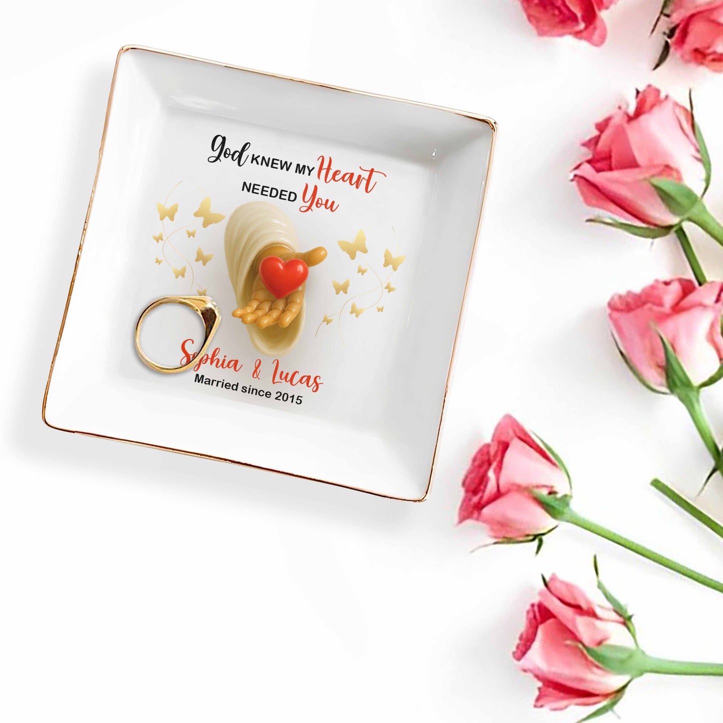 God Knew My Heart Needed You, Heart and Butterflies - Personalized Custom Jewelry Dish, Square Ceramic Dish - WIF043_SCRD