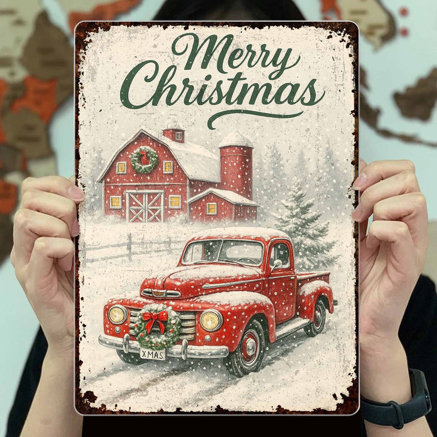 Merry Christmas Vintage Truck and Snowy Barn Scene