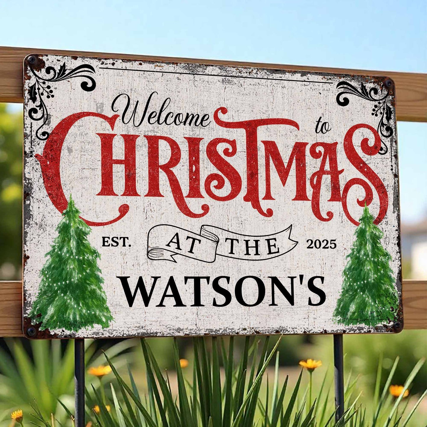 Welcome To Christmas At The Watson's With Christmas Trees - Personalized Metal Sign - XMAS017_MSIGN
