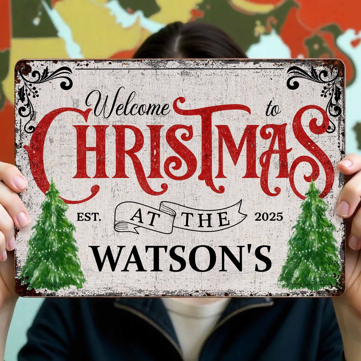 Welcome To Christmas At The Watson's With Christmas Trees - Personalized Metal Sign - XMAS017_MSIGN