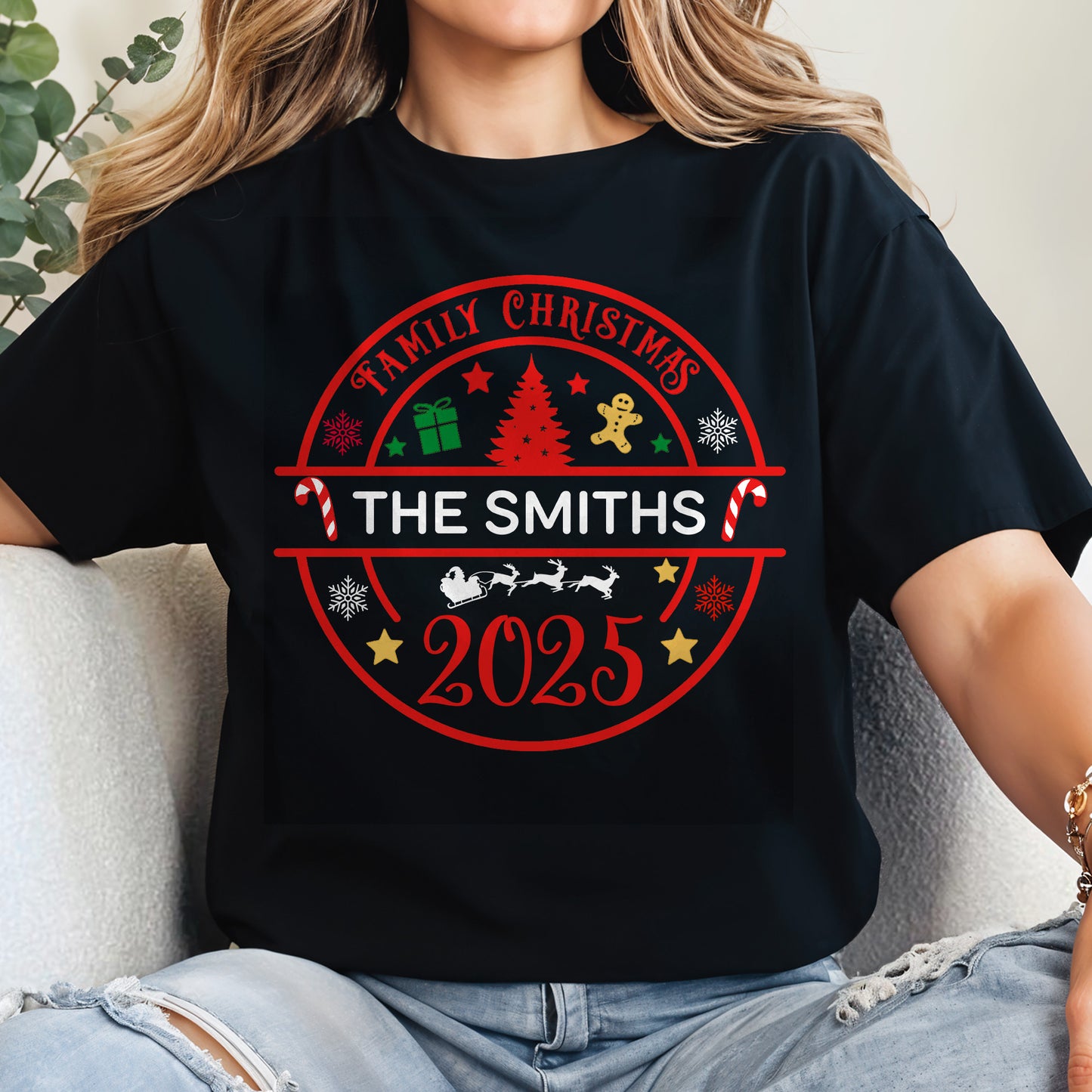 Family Christmas With Trees, Snowflakes, And Candy Canes