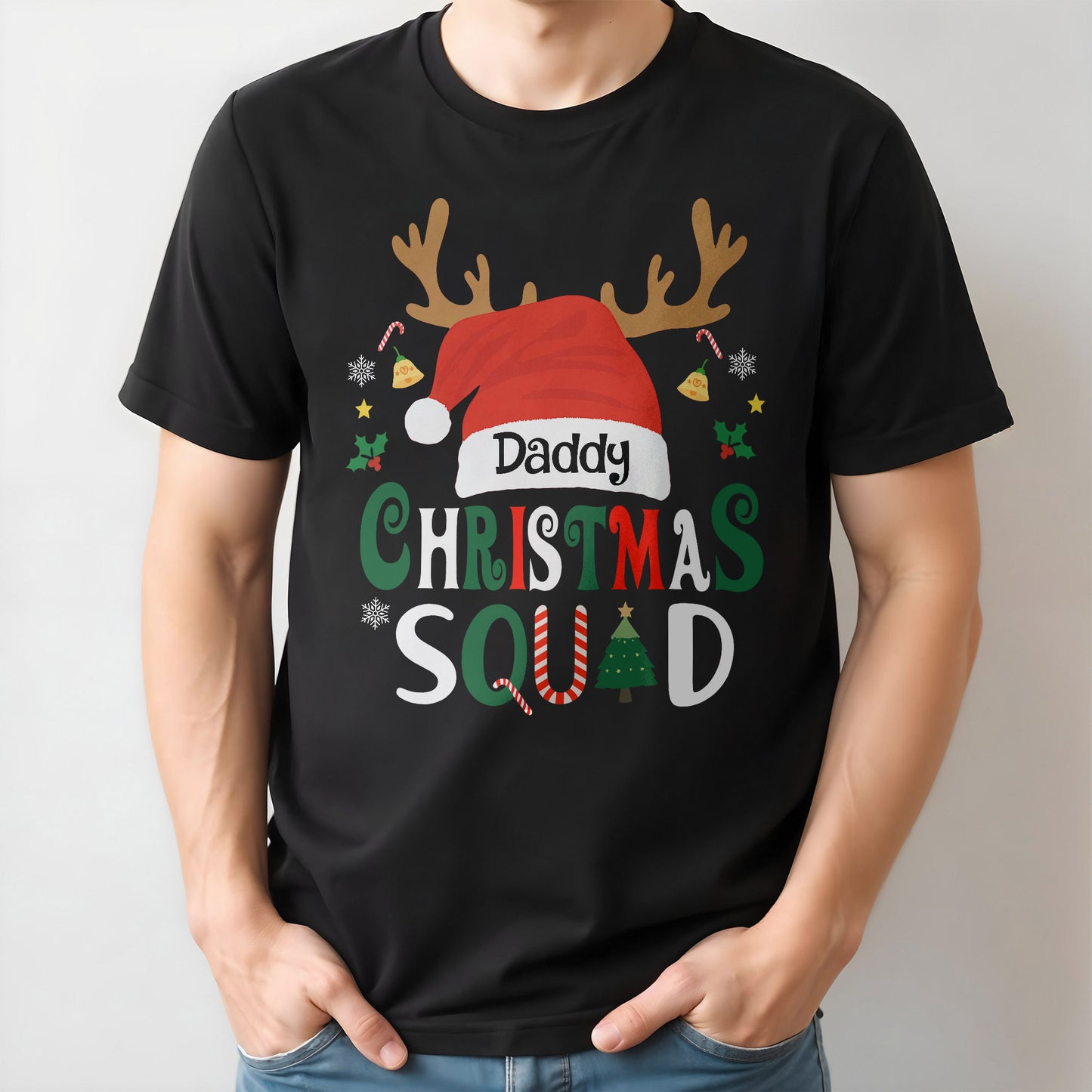 Daddy Christmas Squad With Reindeer Antlers And Santa Hat