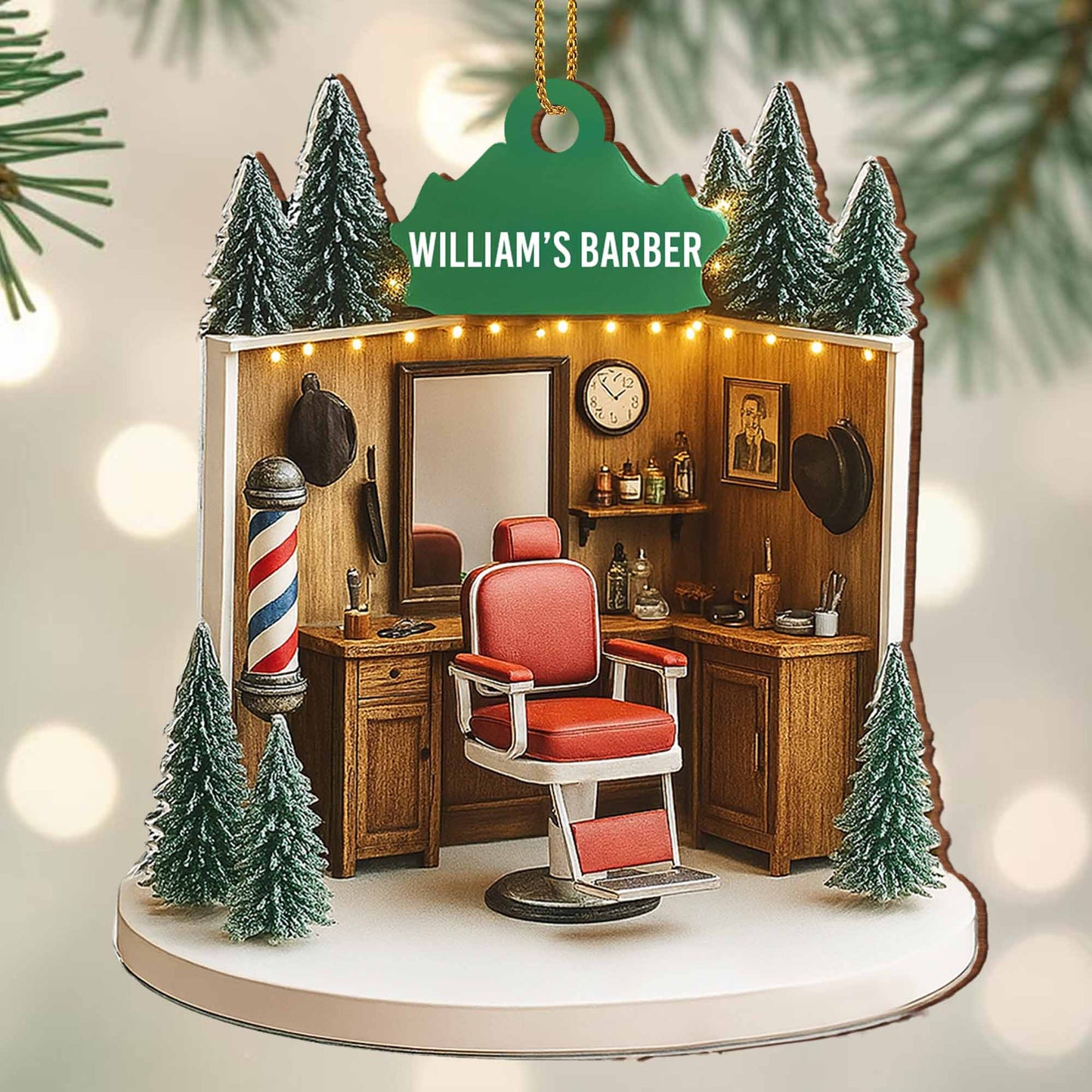 William's Barber, Barber Chair And Pole - Personalized Custom Wood Ornament, Custom Shaped - XMAS067_WDO