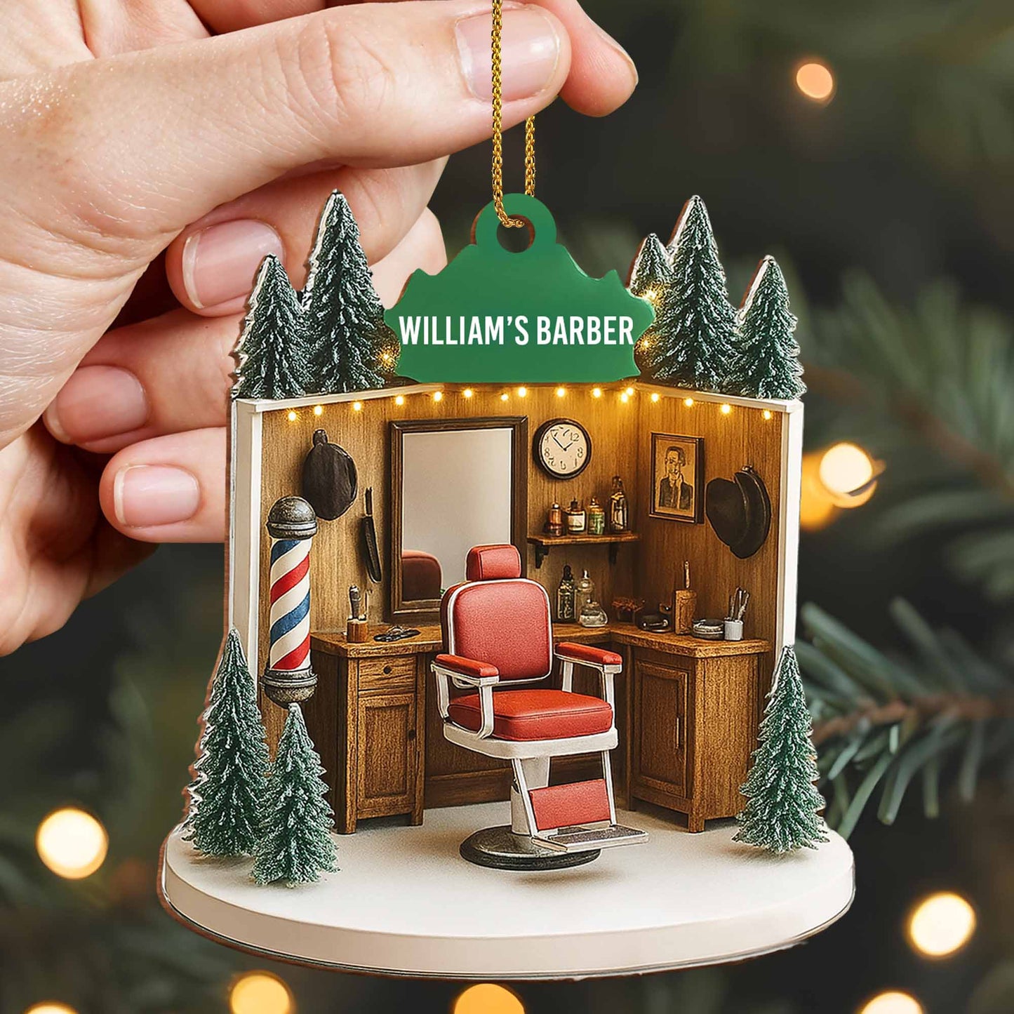 William's Barber, Barber Chair And Pole - Personalized Custom Wood Ornament, Custom Shaped - XMAS067_WDO