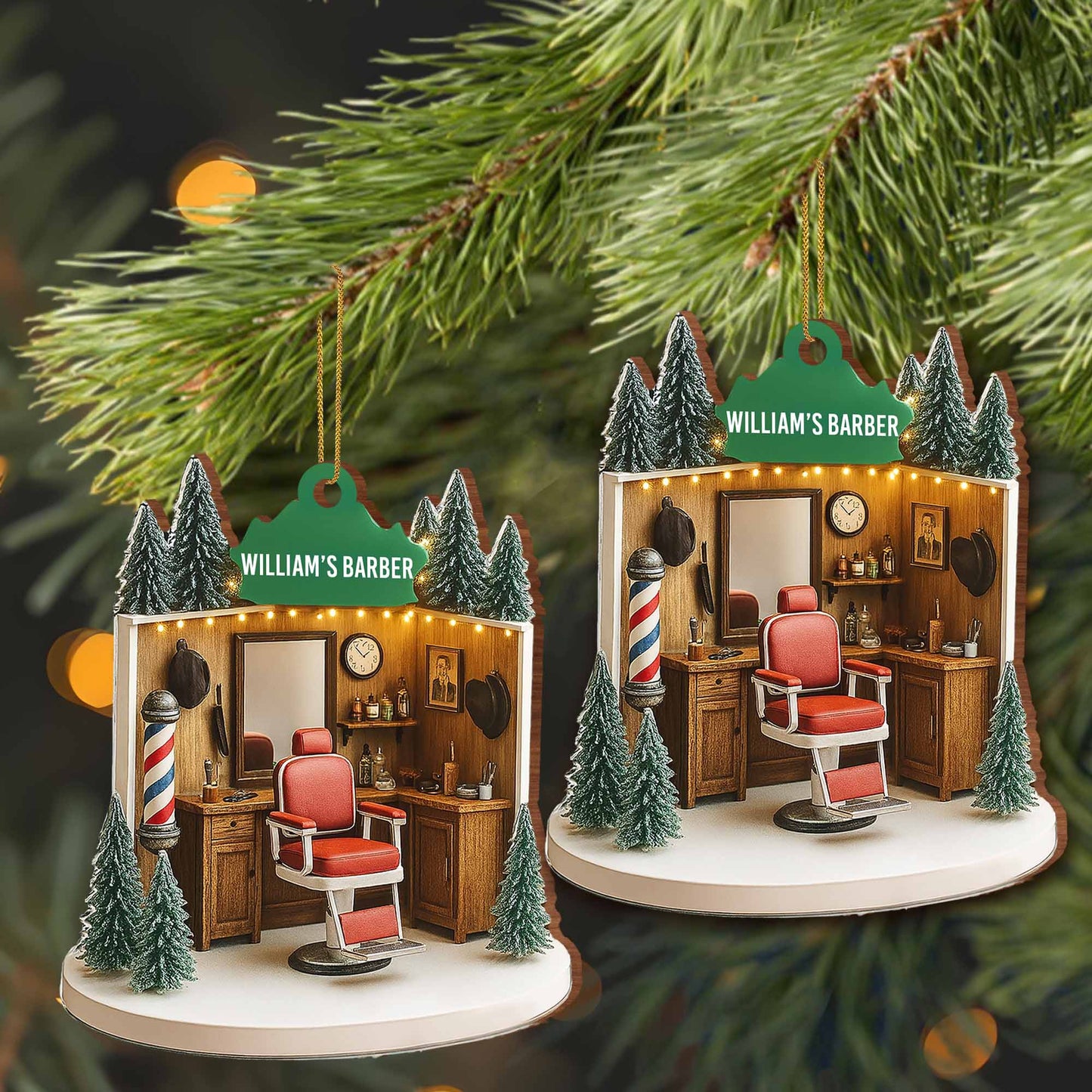 William's Barber, Barber Chair And Pole - Personalized Custom Wood Ornament, Custom Shaped - XMAS067_WDO