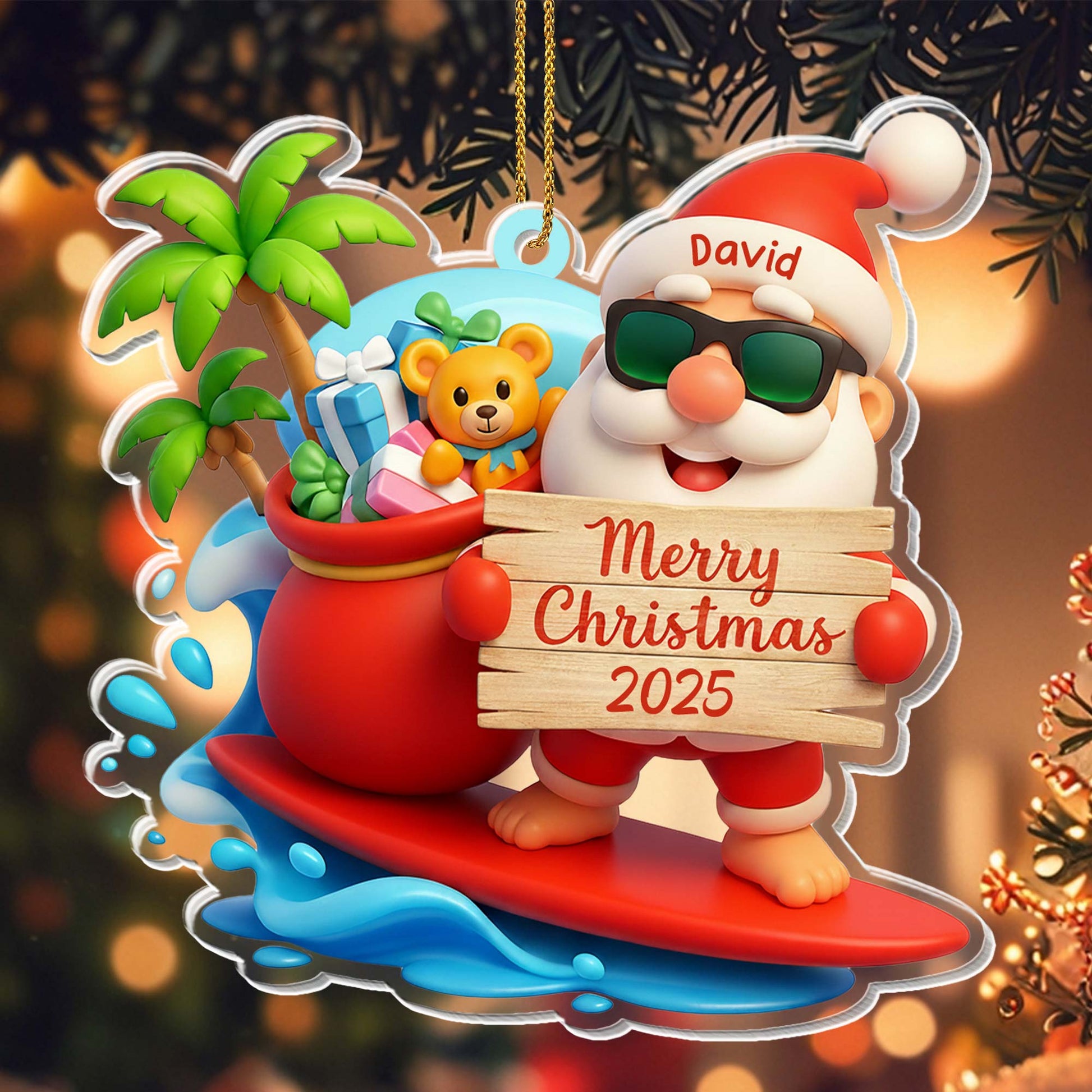 Merry Christmas Santa On Surfboard With Gifts