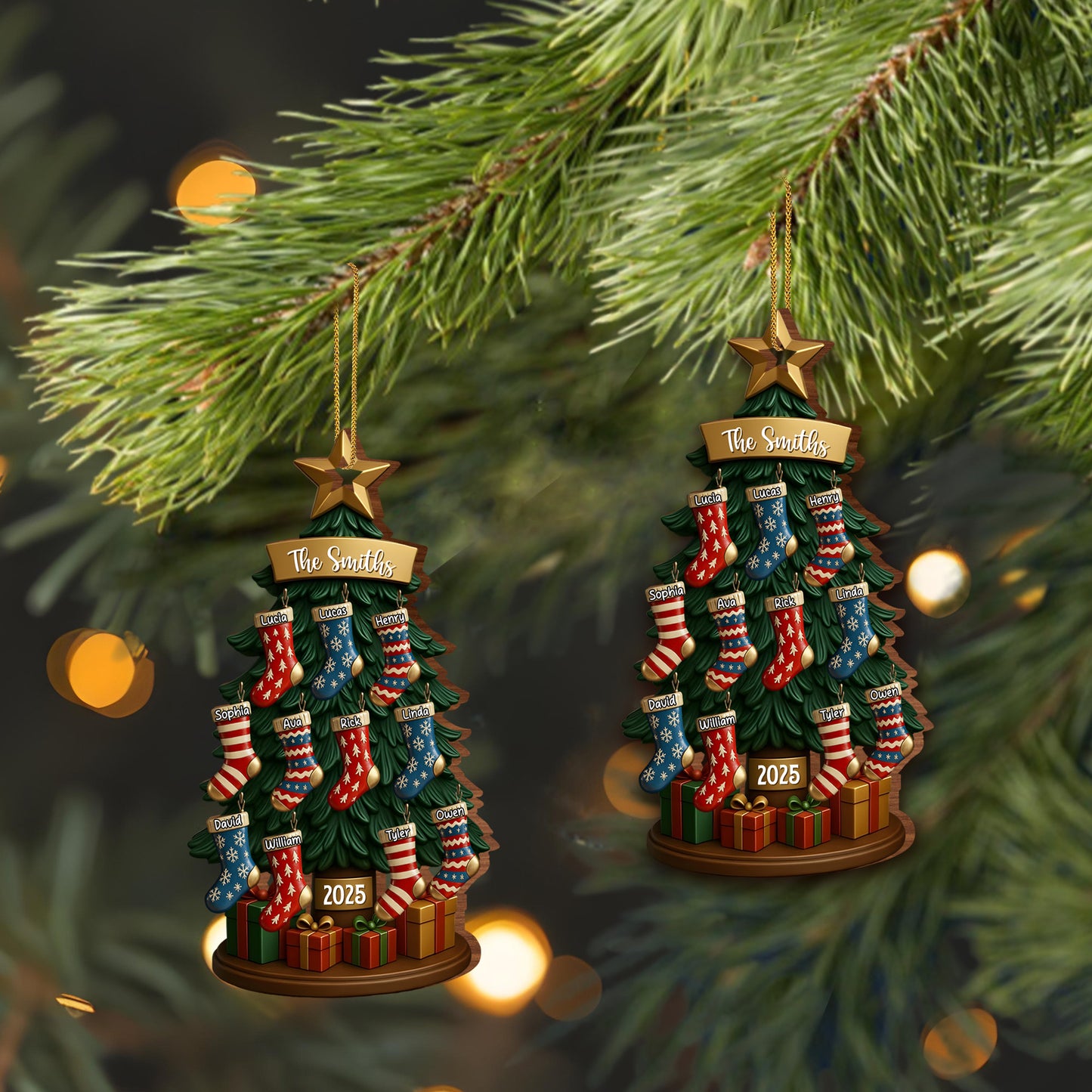Customizable Family Name With Festive Christmas Tree And Stockings