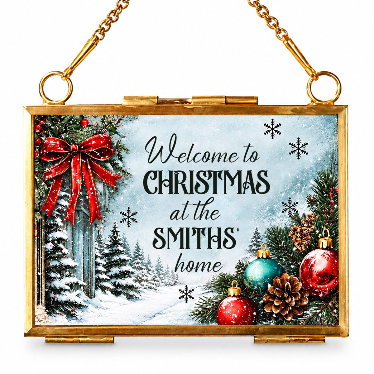 Welcome To Christmas At Our Home Red Bow Ornament Ornaments - Personalized Metal Frame Ornament - XMAS249_GOFRO