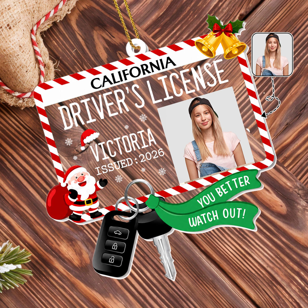 Driver's License You Better Watch Out With Santa and Car Keys - Personalized Custom Acrylic Ornament, Christmas Gift - XMAS342_ACO
