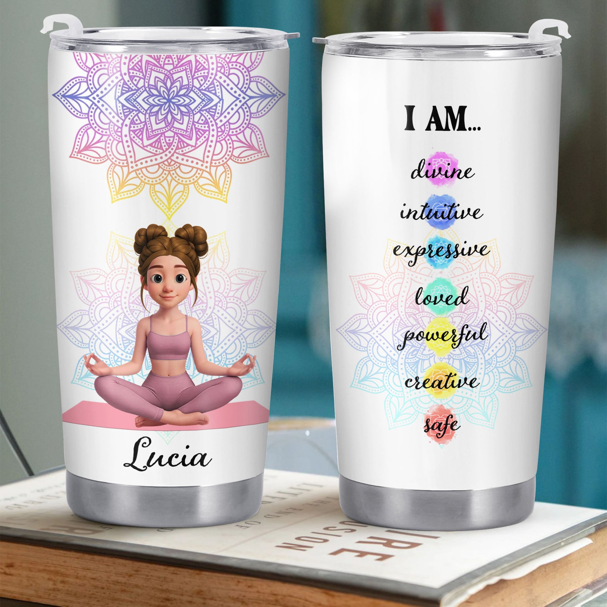 I Am Divine Intuitive Expressive, Mandala And Meditating Girl Tumbler
