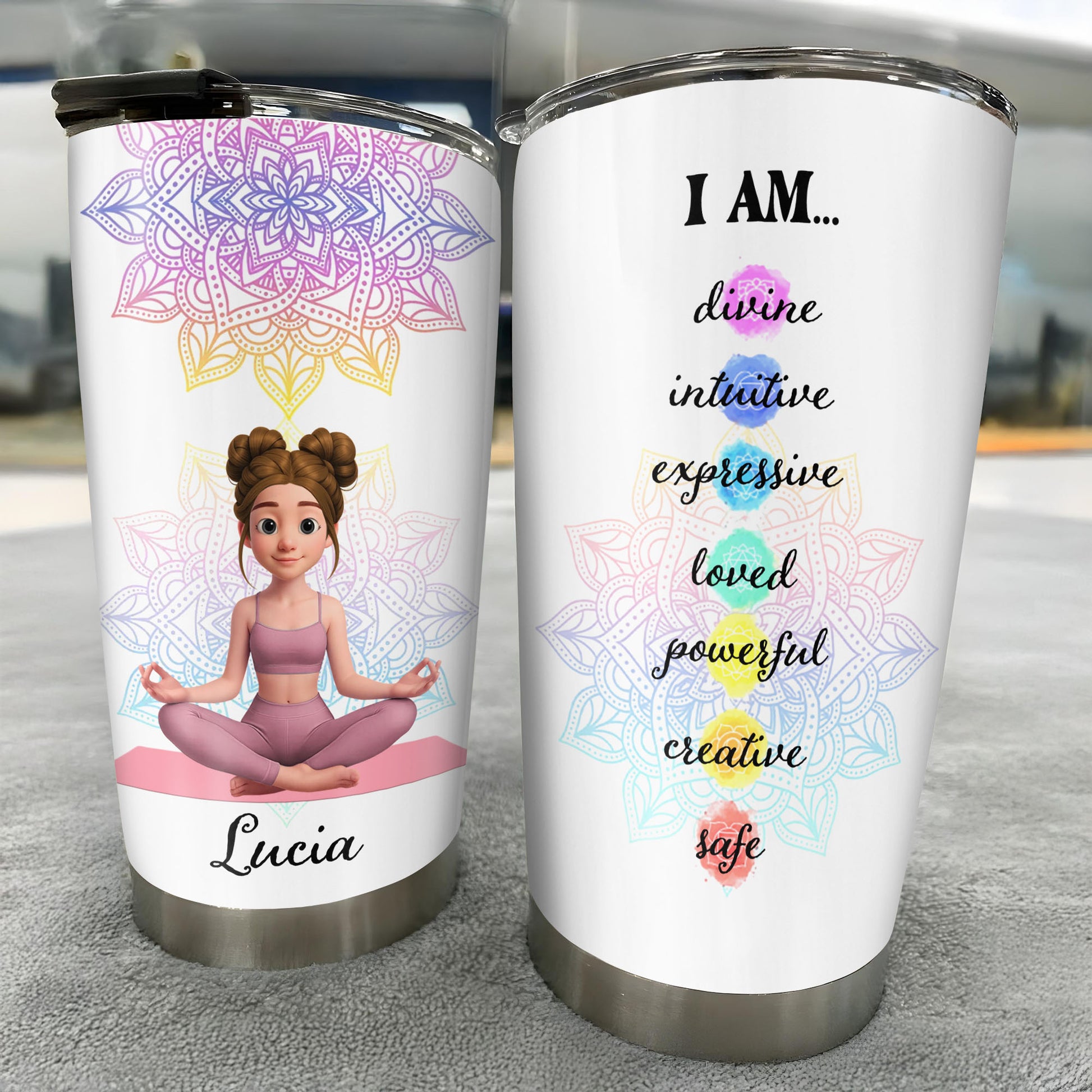 I Am Divine Intuitive Expressive, Mandala And Meditating Girl Tumbler