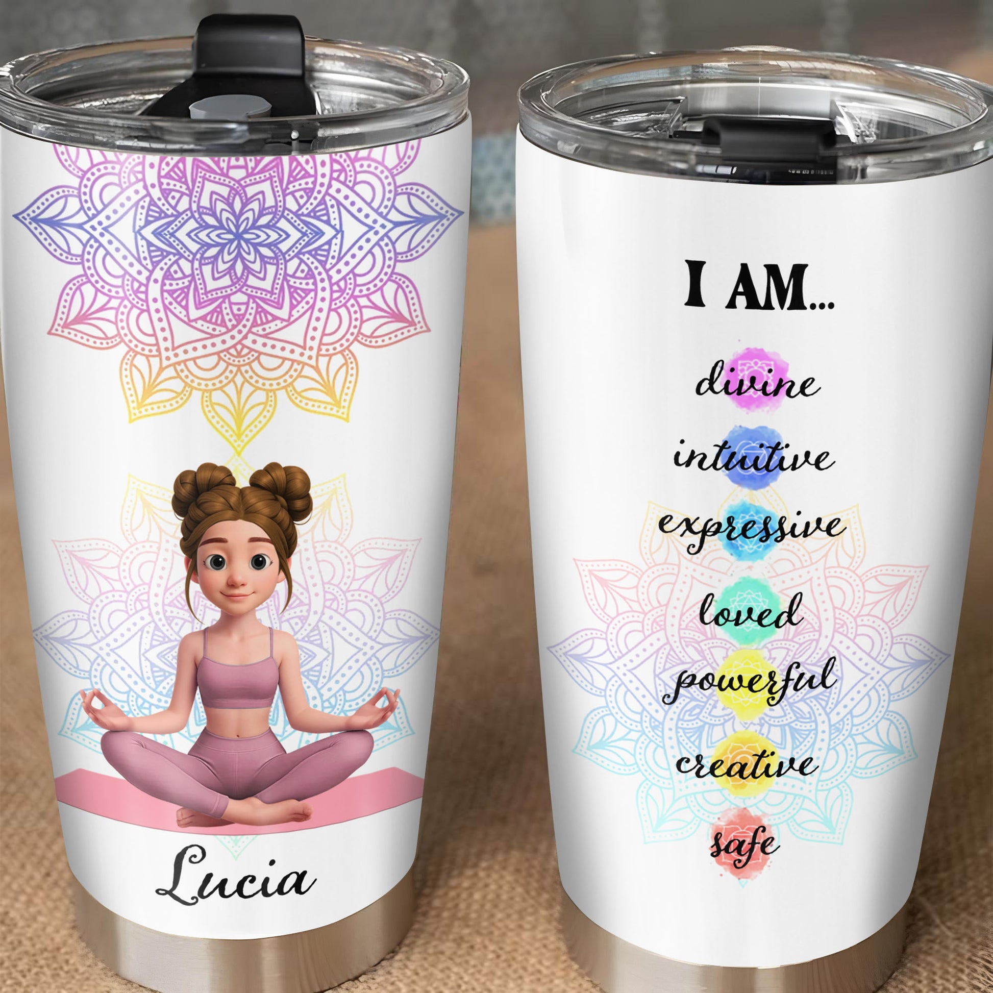 I Am Divine Intuitive Expressive, Mandala And Meditating Girl Tumbler