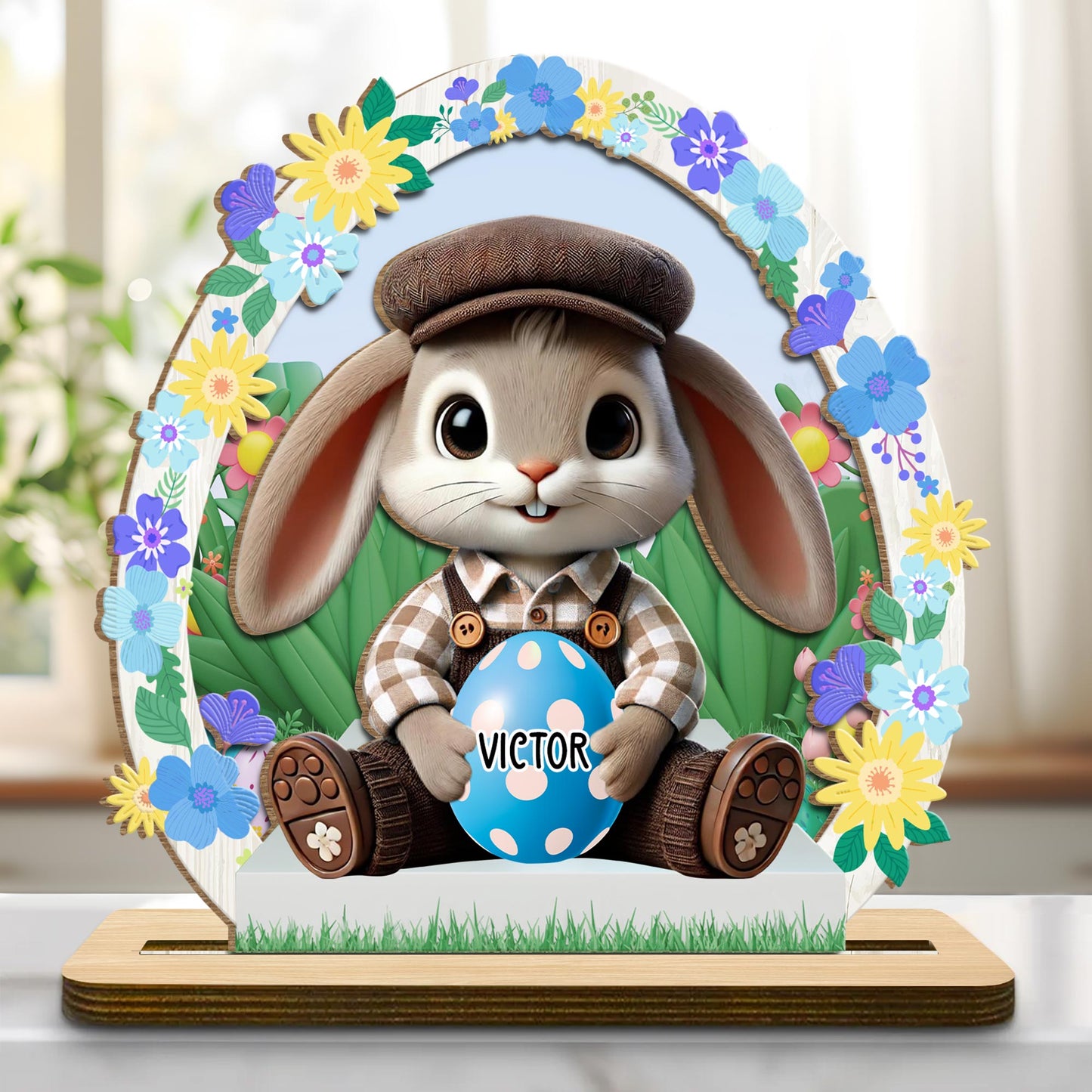 Celebrate Spring With Bunny, Flowers And Easter Egg - Personalized Custom 2-Layer Wood Plaque With Flat Base - GRK002_WPLA