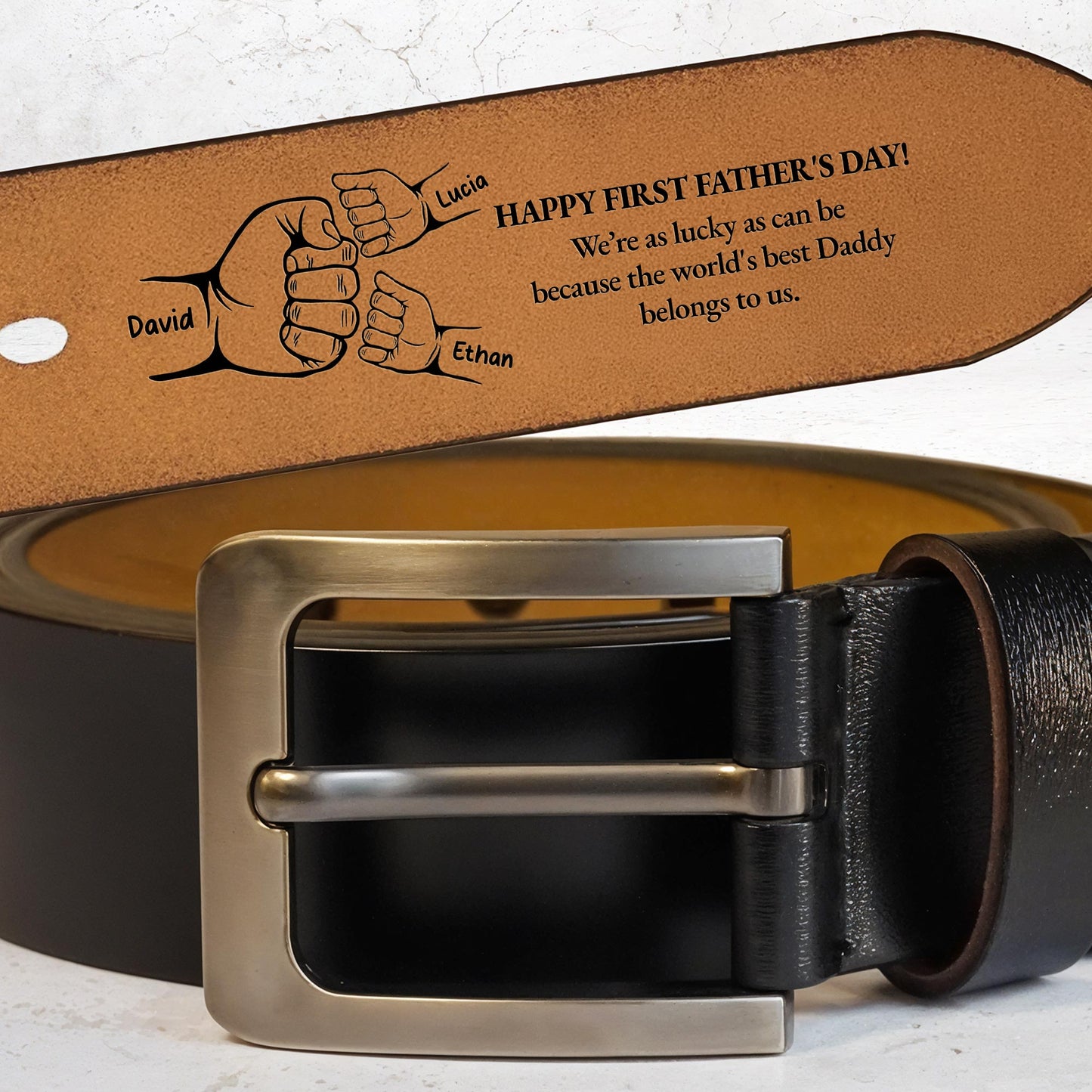Happy First Father's Day, I'm As Lucky As Can Be, Handshake - Personalized Engraved Leather Belt - DAD024_EBE