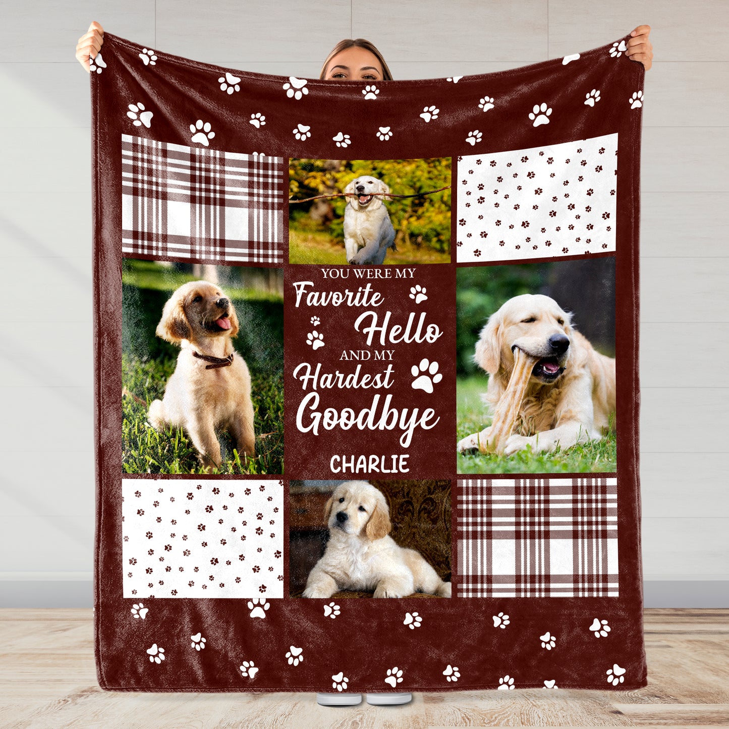 Couverture personnalisée « Bonjour, au revoir le plus dur » avec chiens et pattes – PME015_BLK