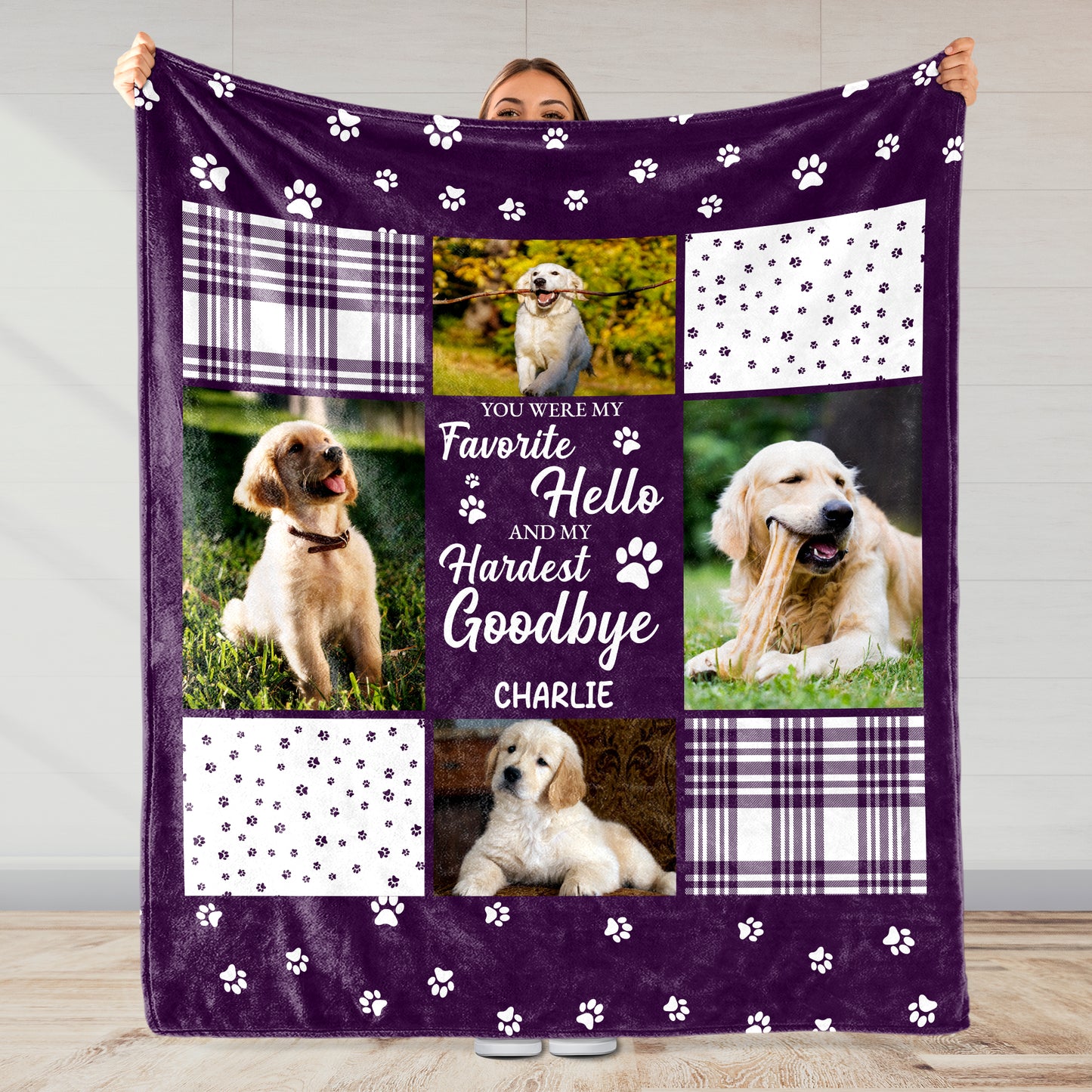 Couverture personnalisée « Bonjour, au revoir le plus dur » avec chiens et pattes – PME015_BLK