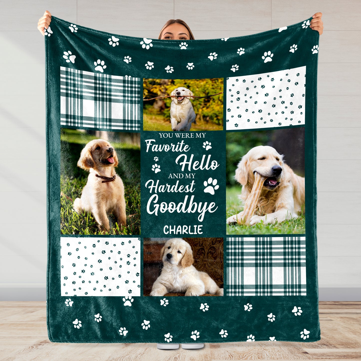 Couverture personnalisée « Bonjour, au revoir le plus dur » avec chiens et pattes – PME015_BLK