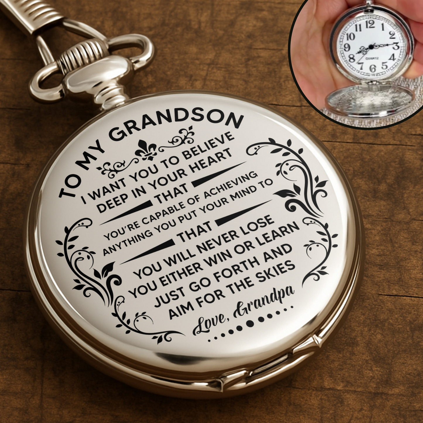 To My Grandson, Believe In Yourself With Elegant Flourishes - Personalized Silver Plated Pocket Watch - GSN001_SWATCH