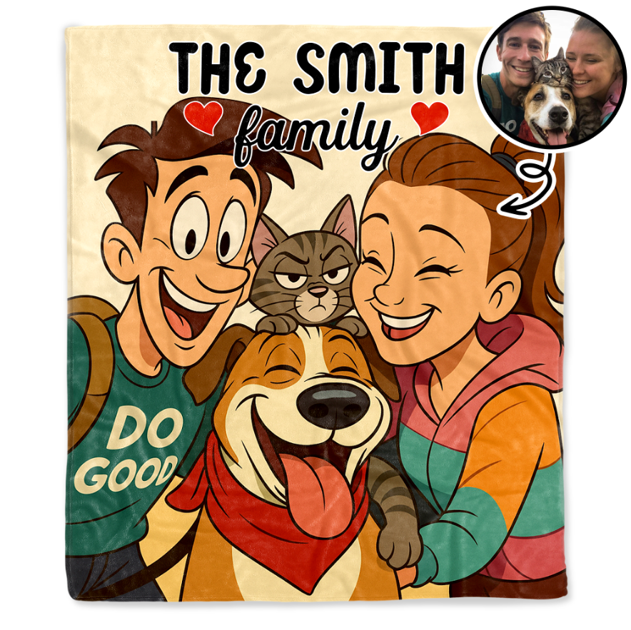 The Smith Family With Dog And Cat - Personalized Custom Blanket - FAM402_BLK
