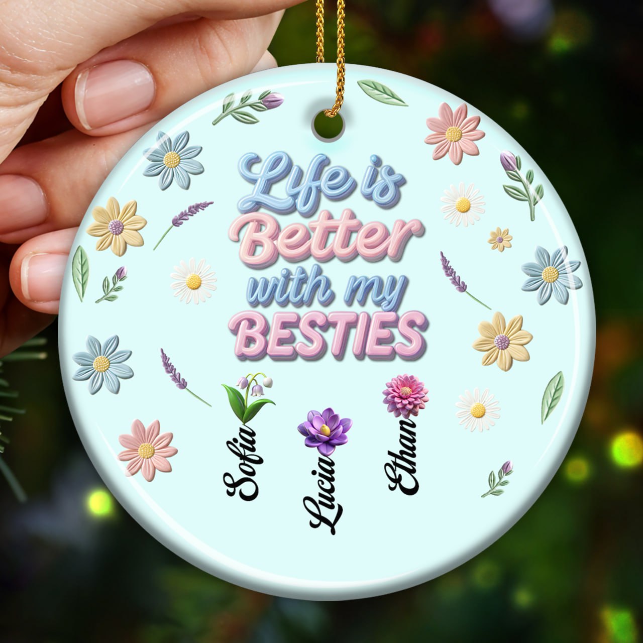 La vie est meilleure avec mes meilleurs amis, magnifique motif floral – Décoration en céramique personnalisée de forme ronde – BST064_RCE