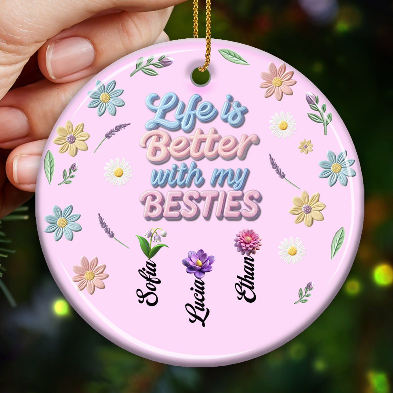 La vie est meilleure avec mes meilleurs amis, magnifique motif floral – Décoration en céramique personnalisée de forme ronde – BST064_RCE