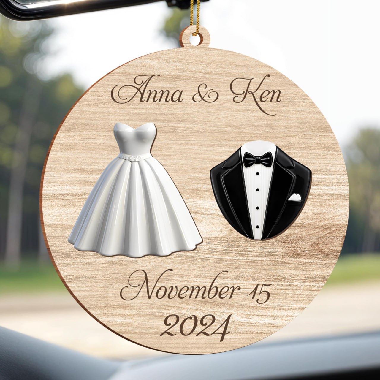 Celebrate Love Together Forever With Wedding Dress And Tuxedo - Personalized Custom Wood Ornament, Custom Shaped - CPL121_WDO