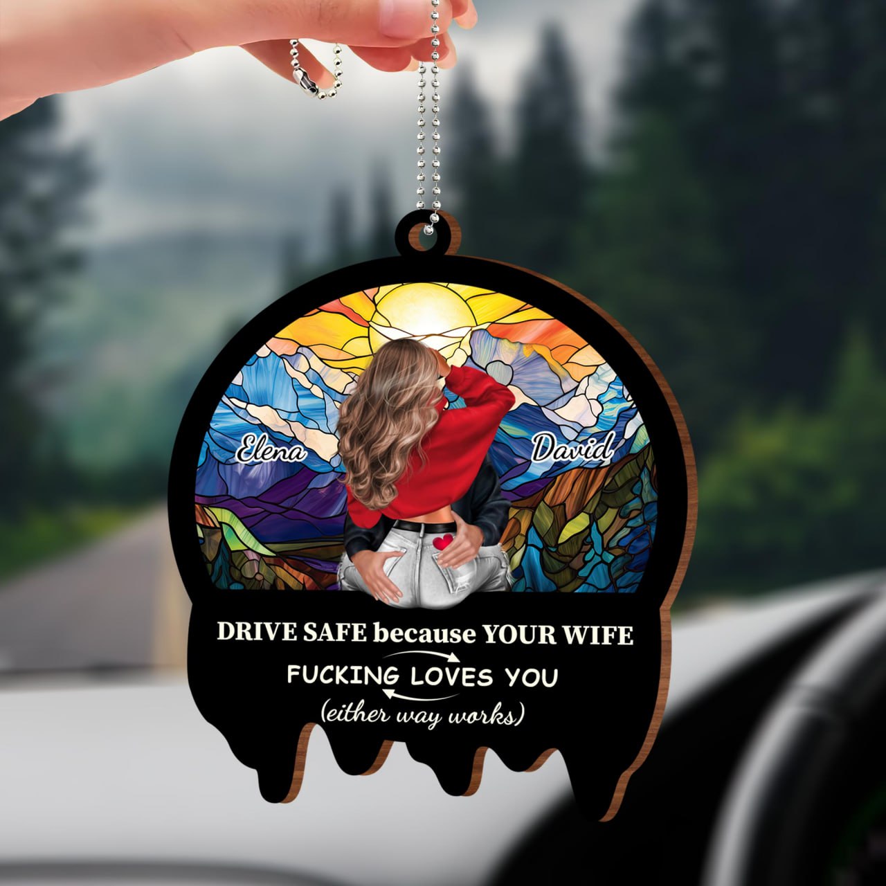 Drive Safe Cityscape Ornament With Stained Glass Style And Heart - Personalized Custom Wood Ornament, Car Hanging Ornament - CPL295_WCA