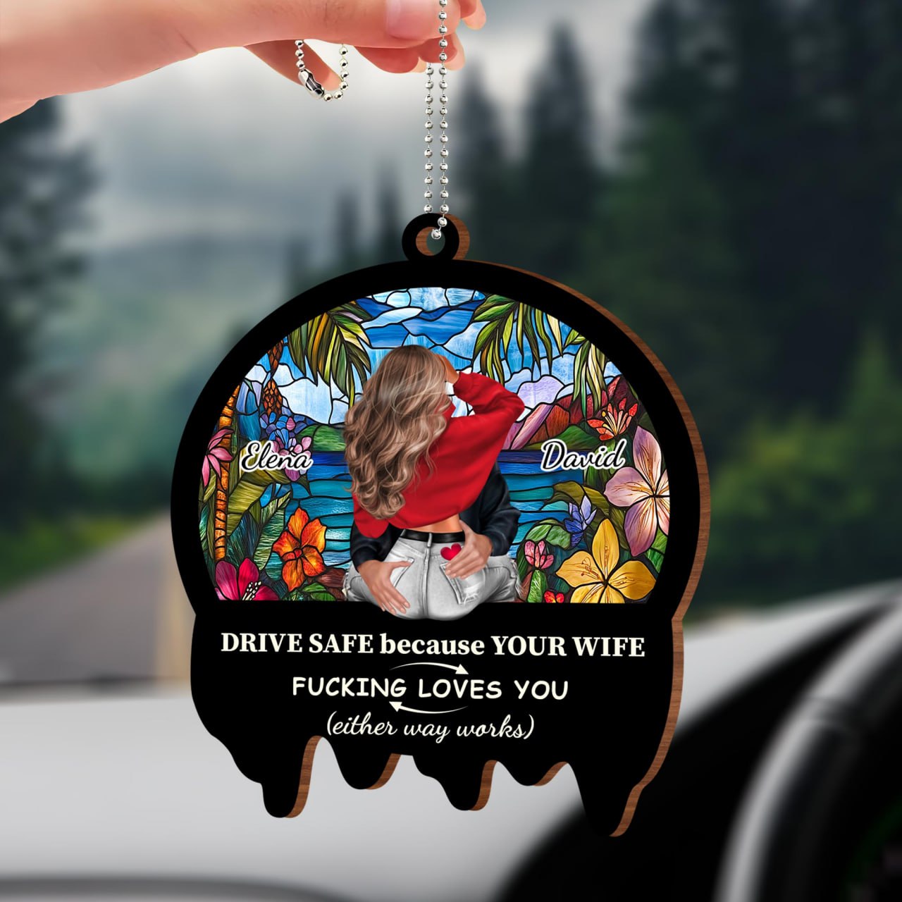 Drive Safe Cityscape Ornament With Stained Glass Style And Heart - Personalized Custom Wood Ornament, Car Hanging Ornament - CPL295_WCA