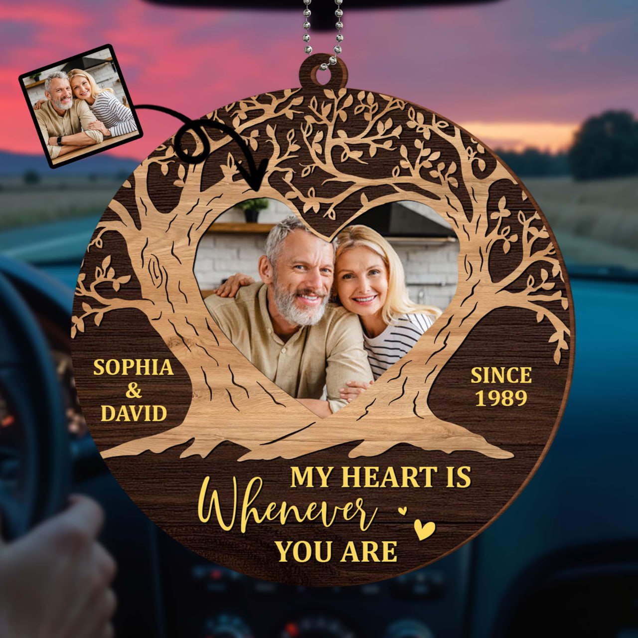 My Heart Is Wherever You Are Tree and Heart Design - Personalized Custom Wood Ornament, Car Hanging Ornament - CPL355_WCA