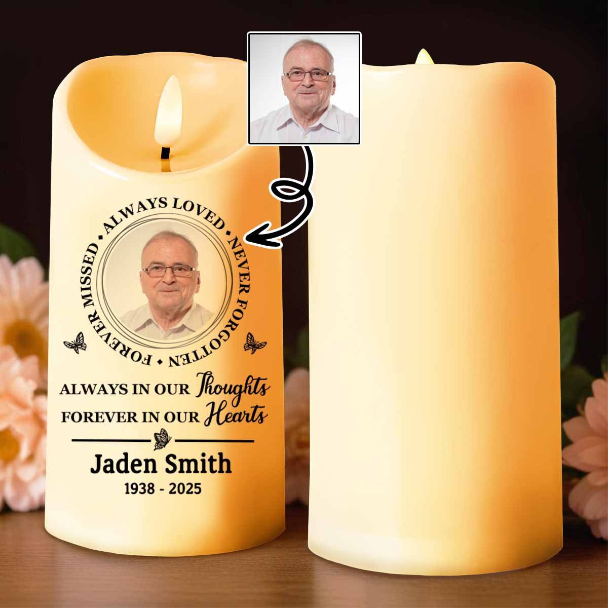 Always In Our Thoughts, Forever In Our Hearts Memorial Candle - Personalized Custom LED Candle - HME213_LECA