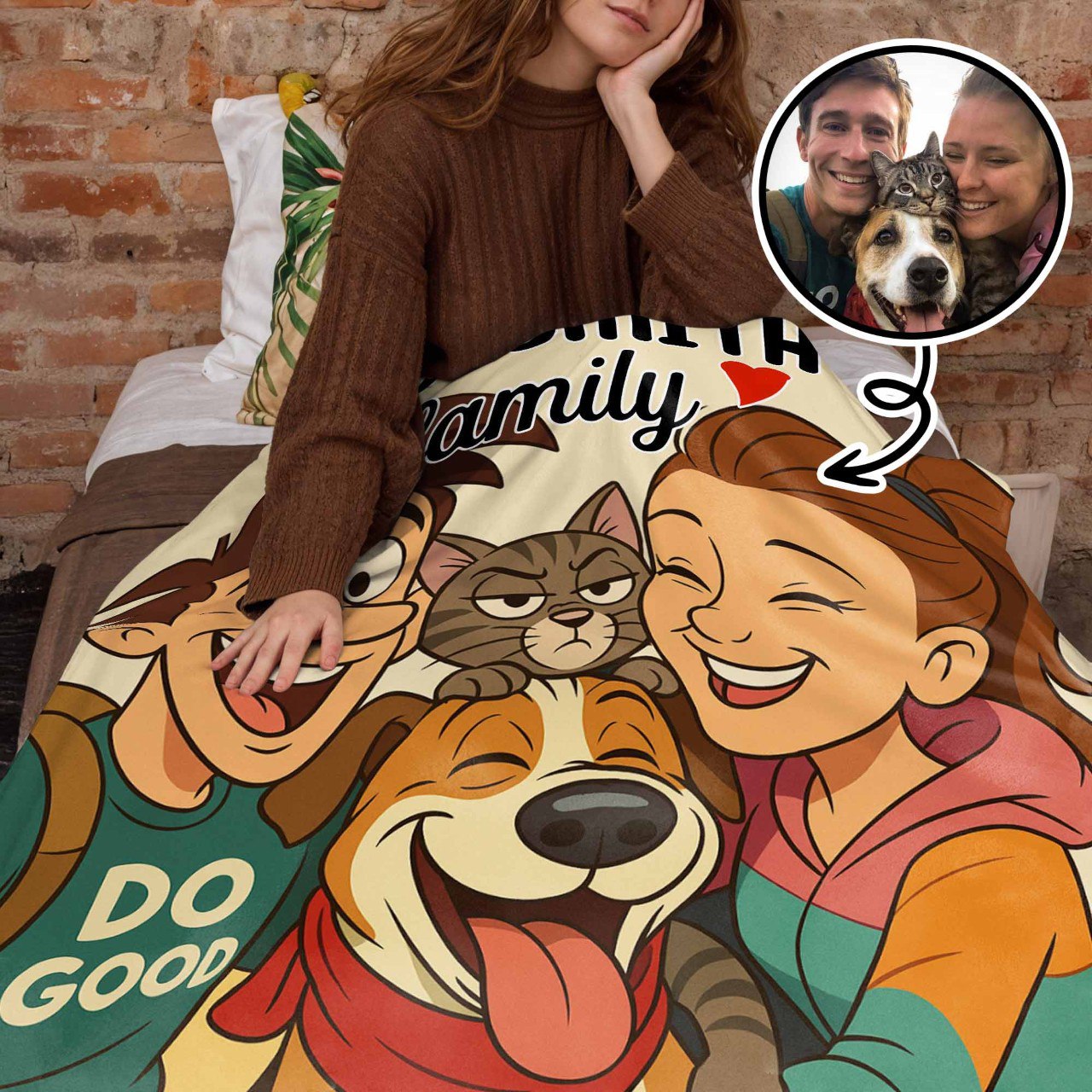 The Smith Family With Dog And Cat - Personalized Custom Blanket - FAM402_BLK