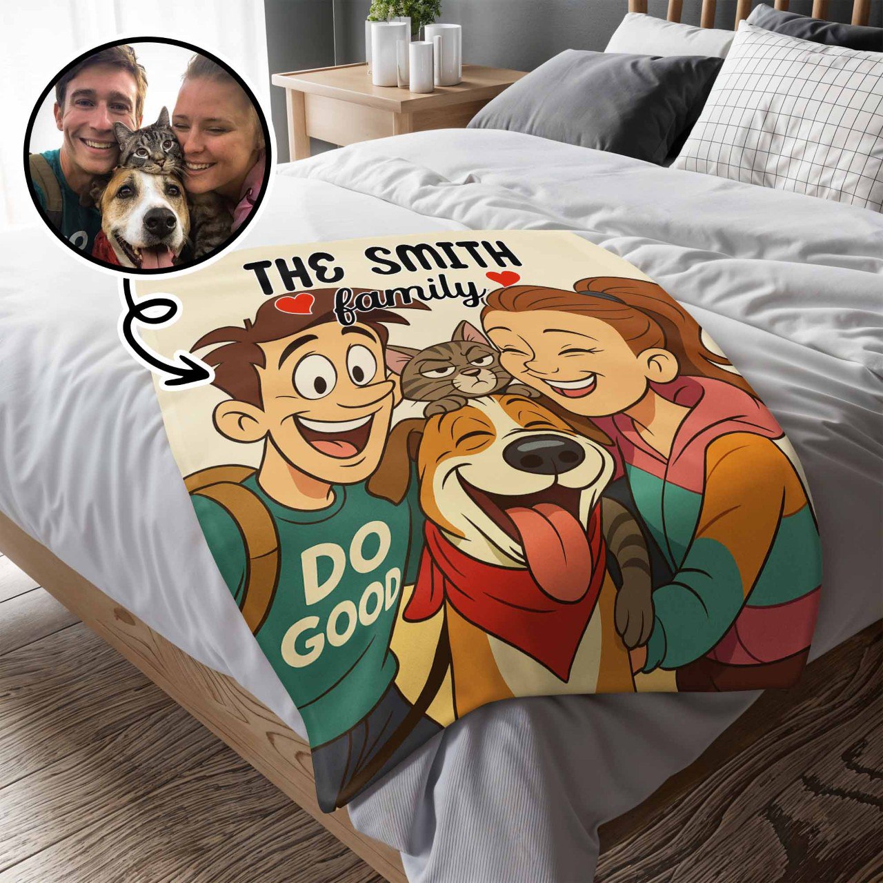 The Smith Family With Dog And Cat - Personalized Custom Blanket - FAM402_BLK