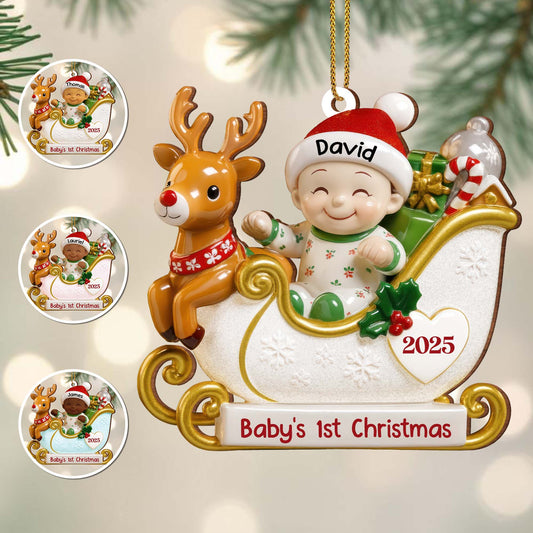 Baby's 1st Christmas With Reindeer And Sleigh - Personalized Custom Wood Ornament, Custom Shaped - KID190_WDO