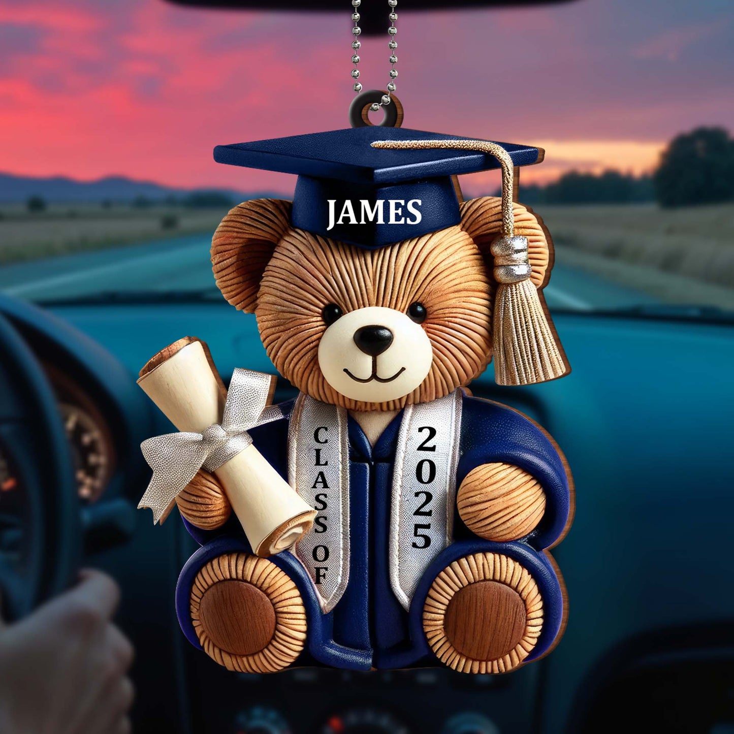 Graduation Teddy Bear With Cap And Diploma - Personalized Custom Wood Ornament, Car Hanging Ornament - GRAD005_WCA