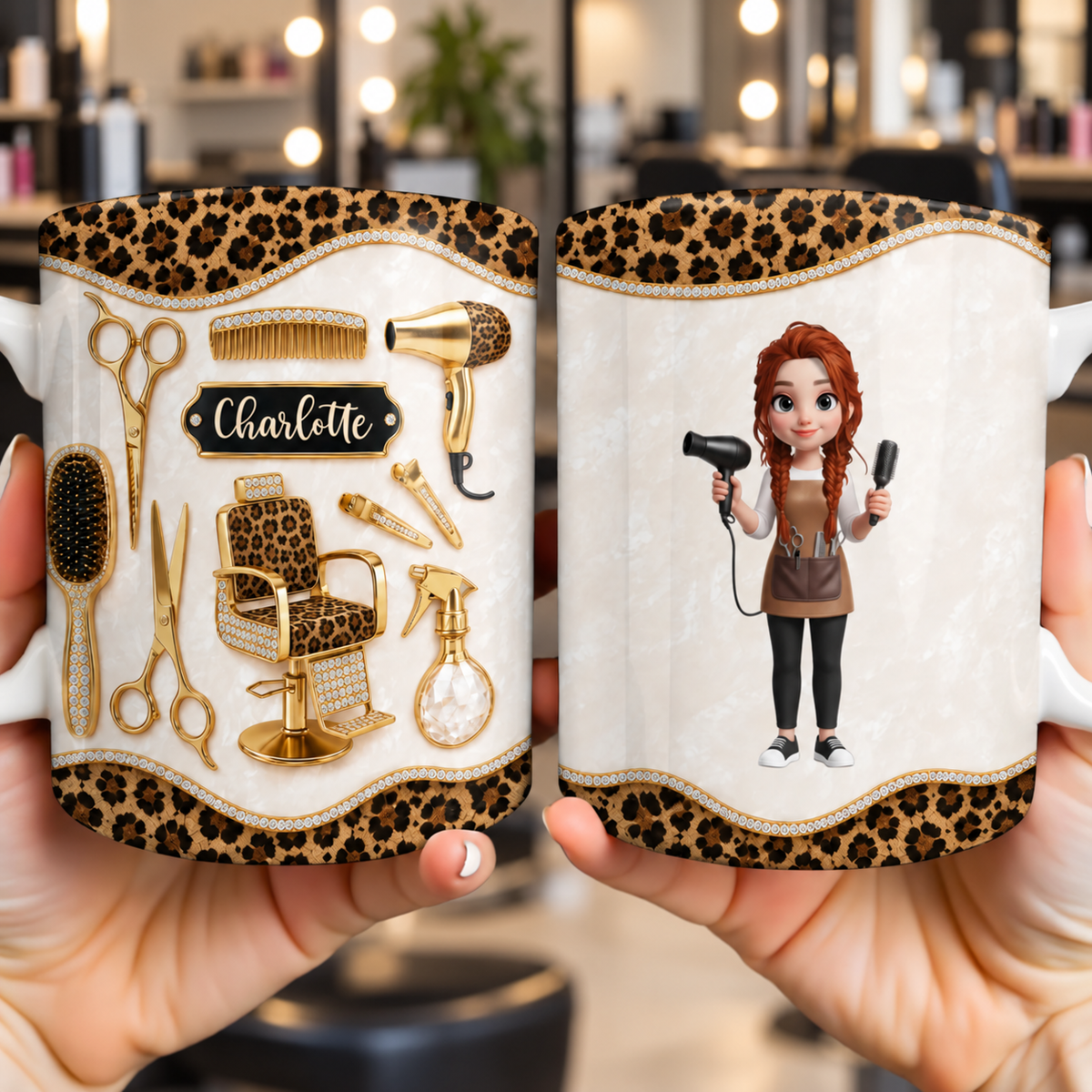 Hairdresser Tools With Leopard And Mother Of Pearl Mosaic Design - Personalized Custom Coffee Mug - HAIR208_MG