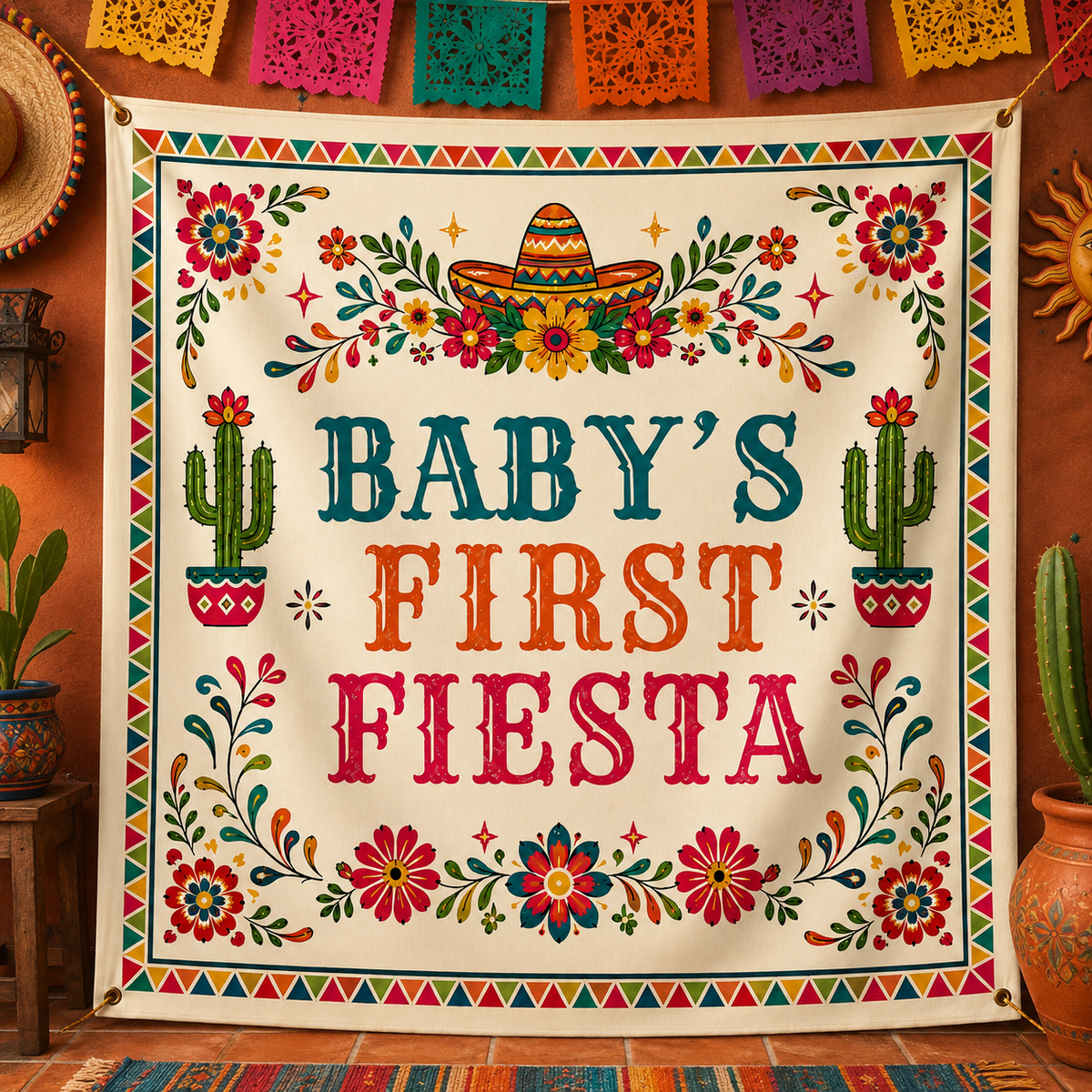 Baby's First Fiesta With Sombrero And Cactus Flowers - Personalized Backdrop - HSP062_BADRO